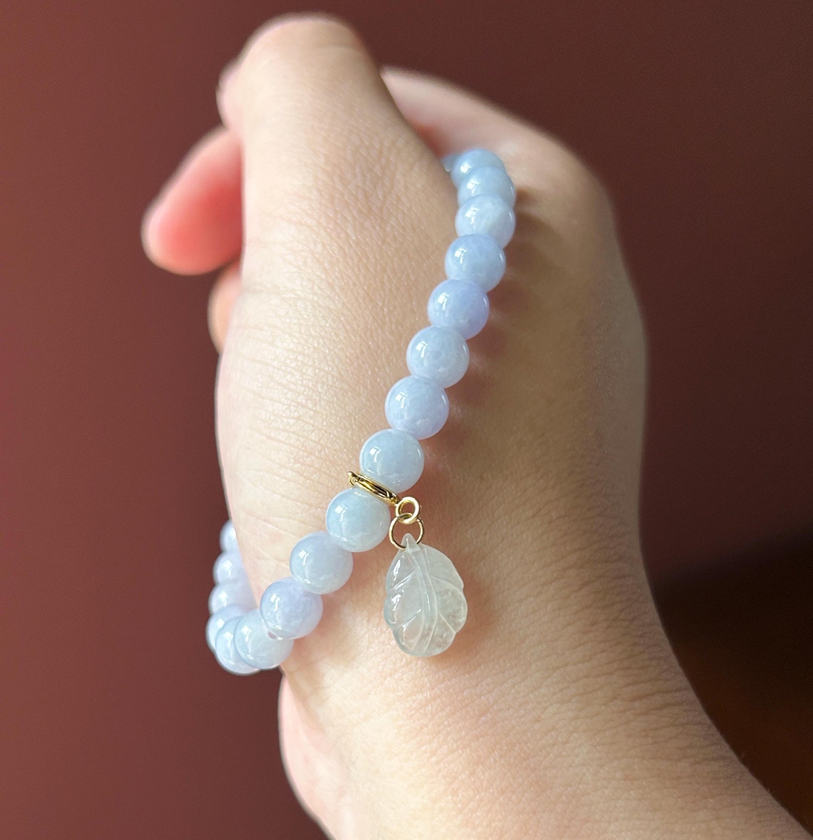 Natural Jadeite Beaded Bracelet Burmese Type A Fine Glutinous Icy Pinkish Lavender Jade 7mm Minimalist Jewelry Icy Leaf Charm