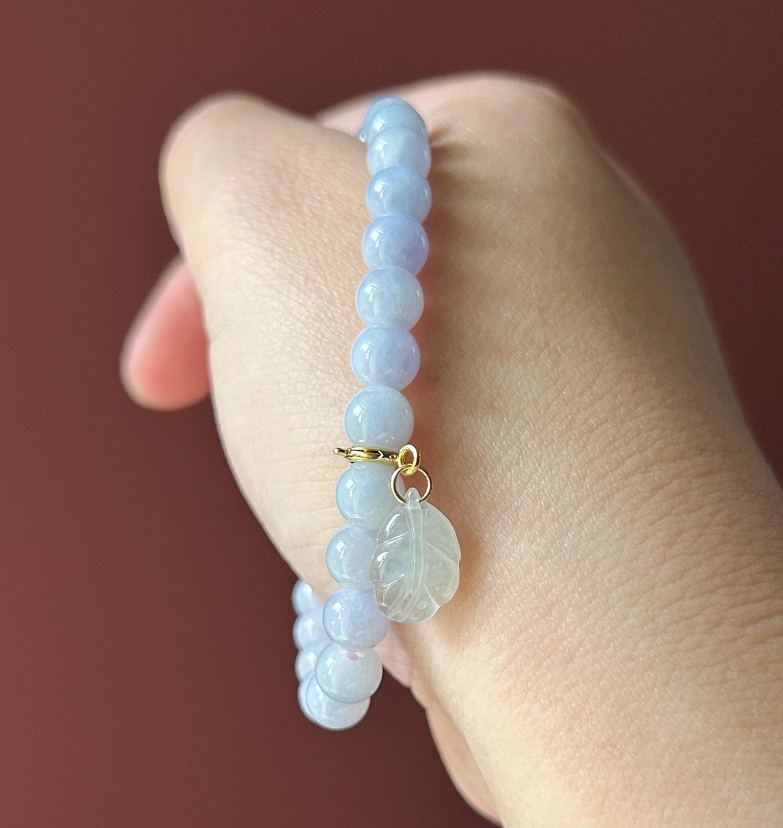 Natural Jadeite Beaded Bracelet Burmese Type A Fine Glutinous Icy Pinkish Lavender Jade 7mm Minimalist Jewelry Icy Leaf Charm