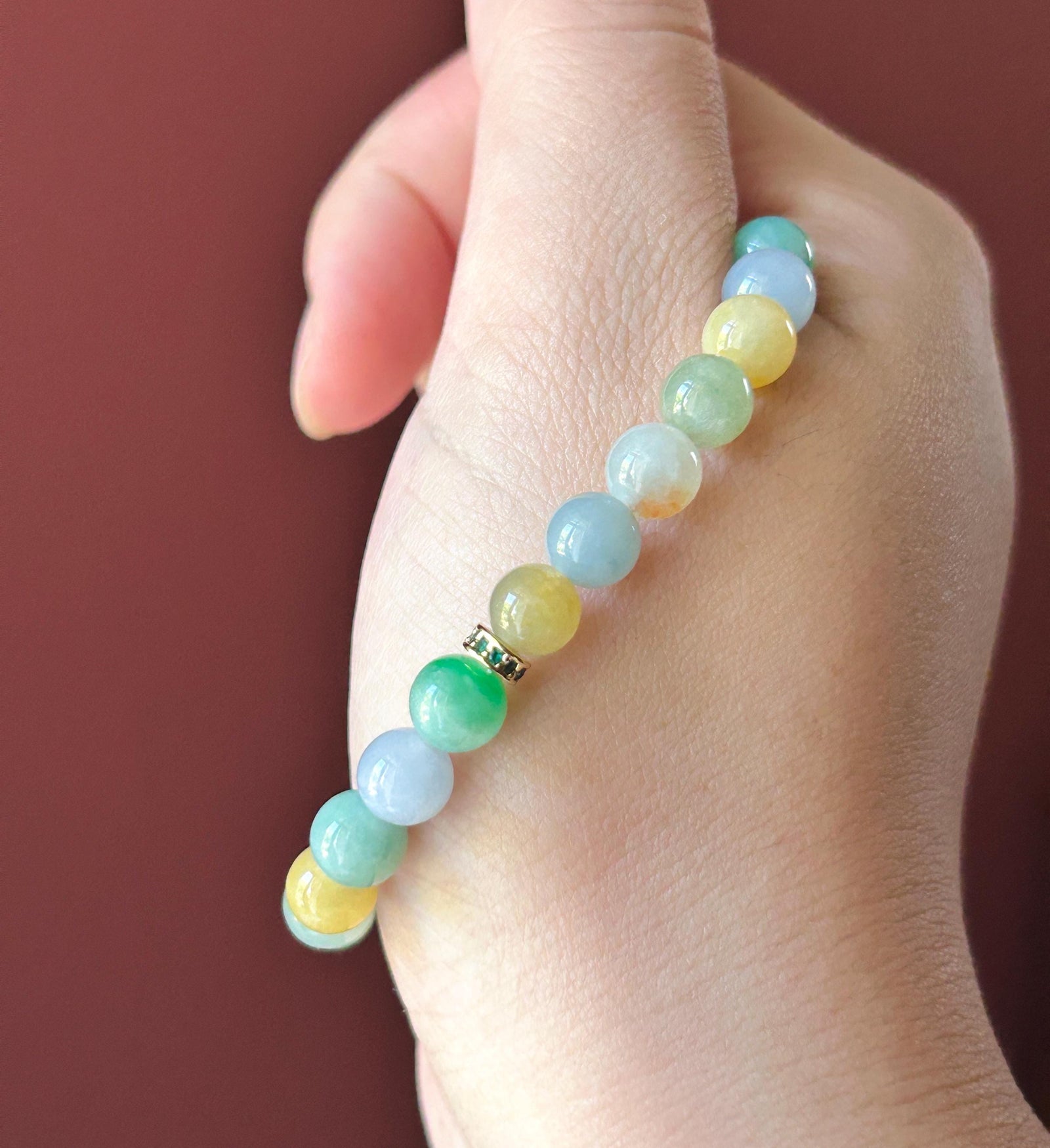 Natural Jadeite Beaded Bracelet, Burmese Type A Untreated Icy Translucent Vivid Rainbow Multicolor Jade, 7.5mm