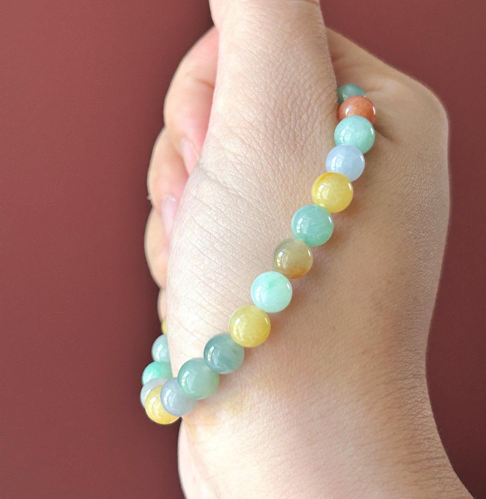 Natural Jadeite Beaded Bracelet, Burmese Type A Untreated Icy Translucent Vivid Rainbow Multicolor Jade, 7.5mm