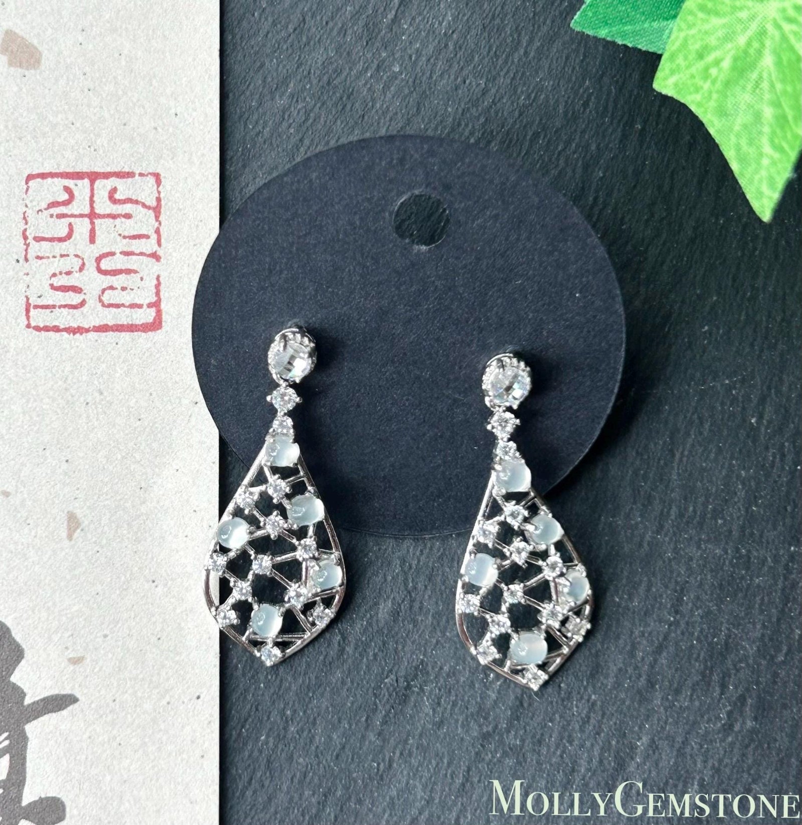 Certified Natural Jadeite Drop Earrings: Burmese Type A Untreated Highly Translucent Icy White Jade Cabochon, Sterling Silver