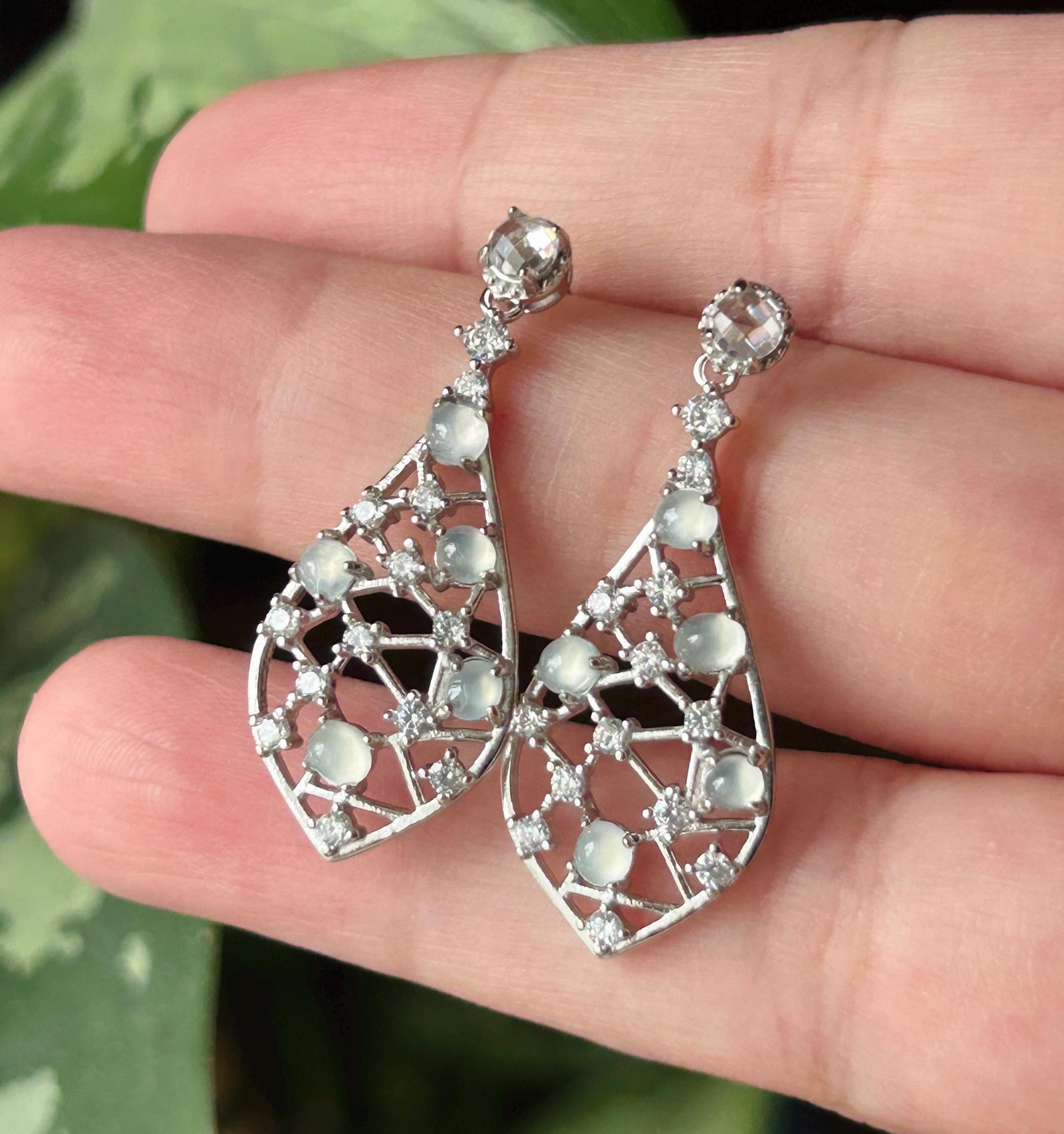 Certified Natural Jadeite Drop Earrings: Burmese Type A Untreated Highly Translucent Icy White Jade Cabochon, Sterling Silver