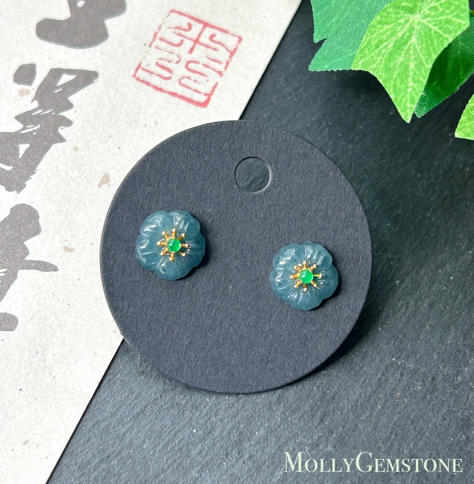 Natural Jadeite Flower Stud Earrings: Guatemalan Type A Untreated Highly Translucent Icy Blue Jade, Sterling Silver