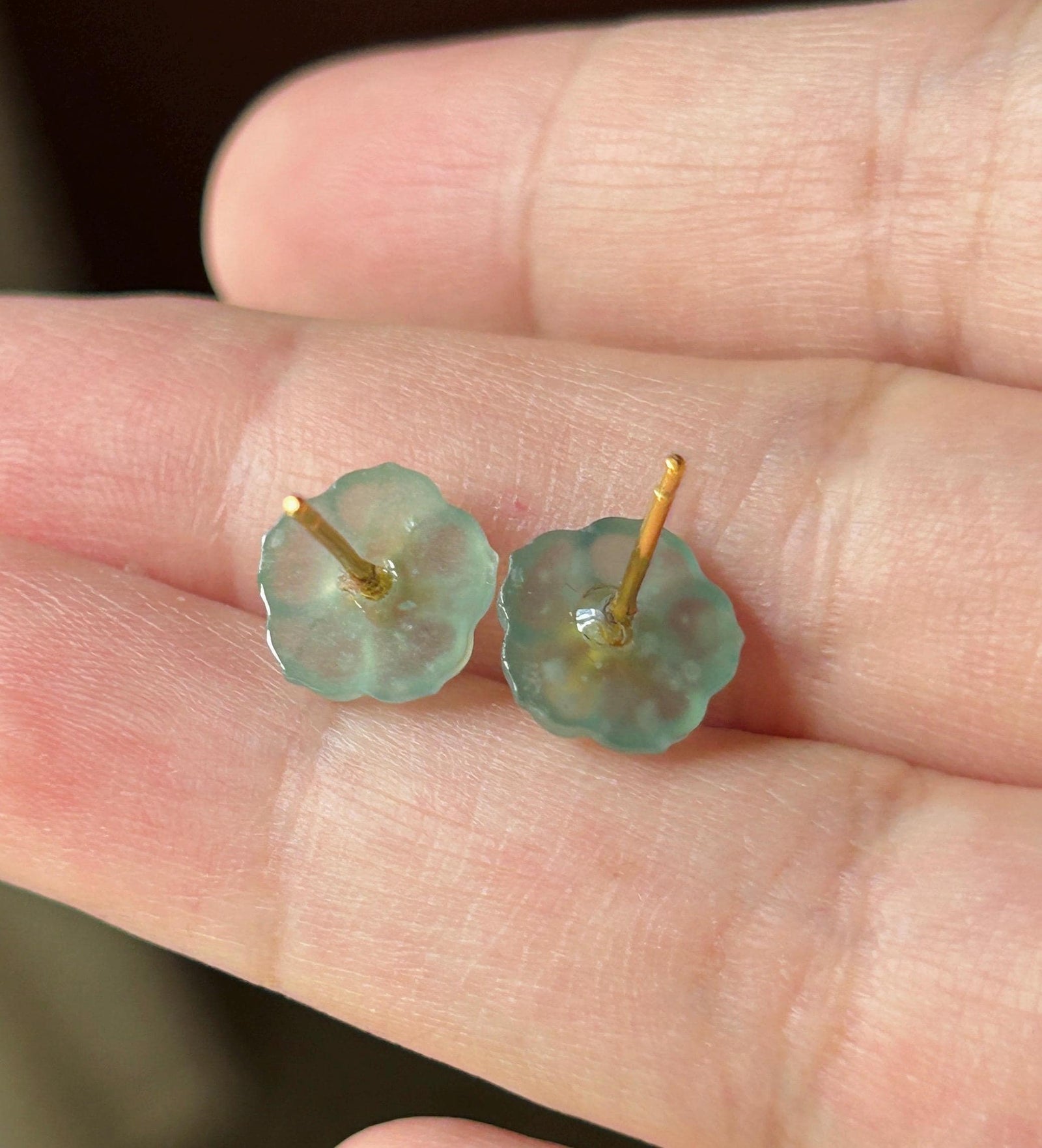 Natural Jadeite Flower Stud Earrings: Guatemalan Type A Untreated Highly Translucent Icy Blue Jade, Sterling Silver