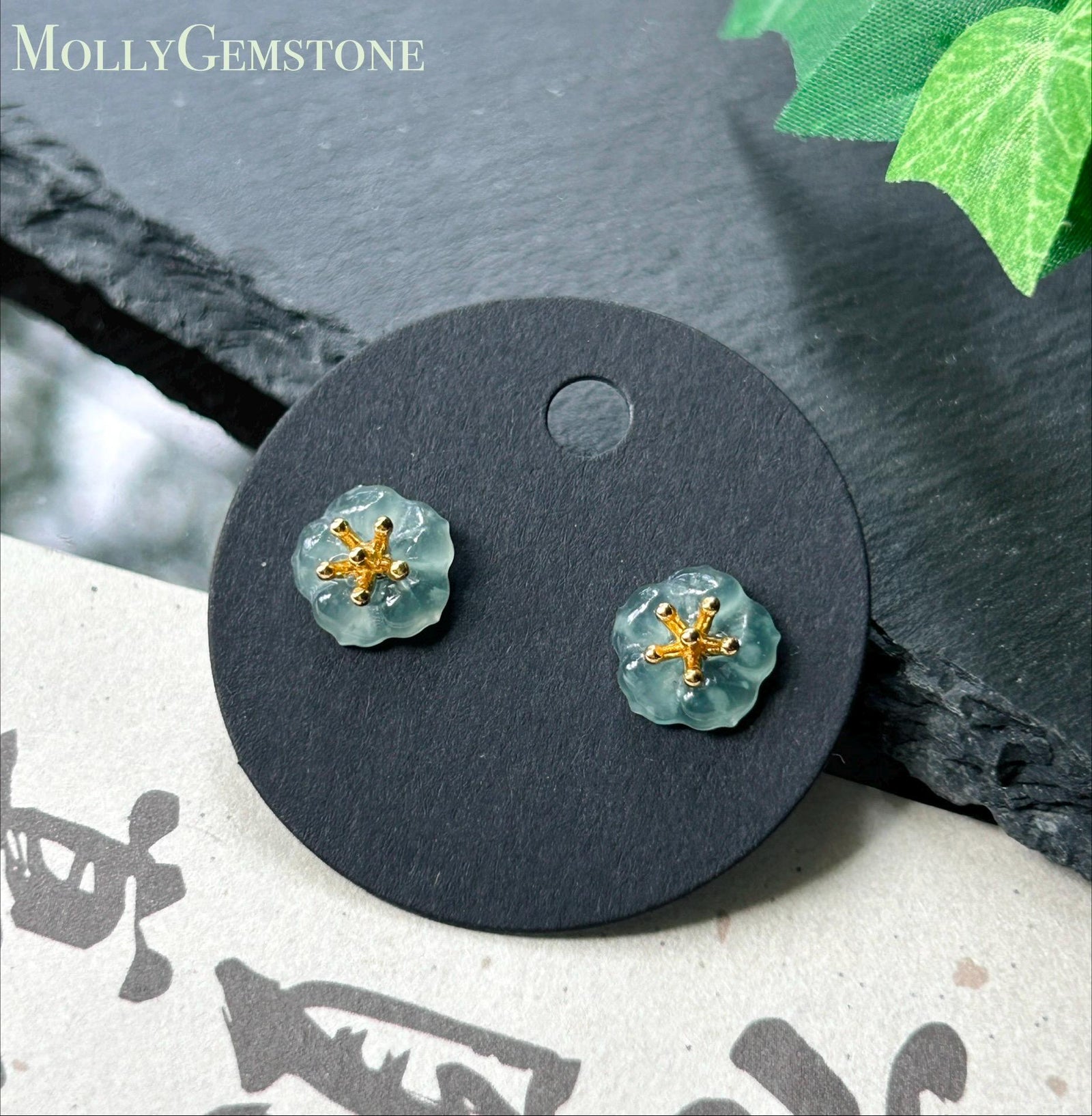 Natural Jadeite Flower Stud Earrings: Guatemalan Type A Untreated Highly Translucent Icy Blue Jade, Sterling Silver