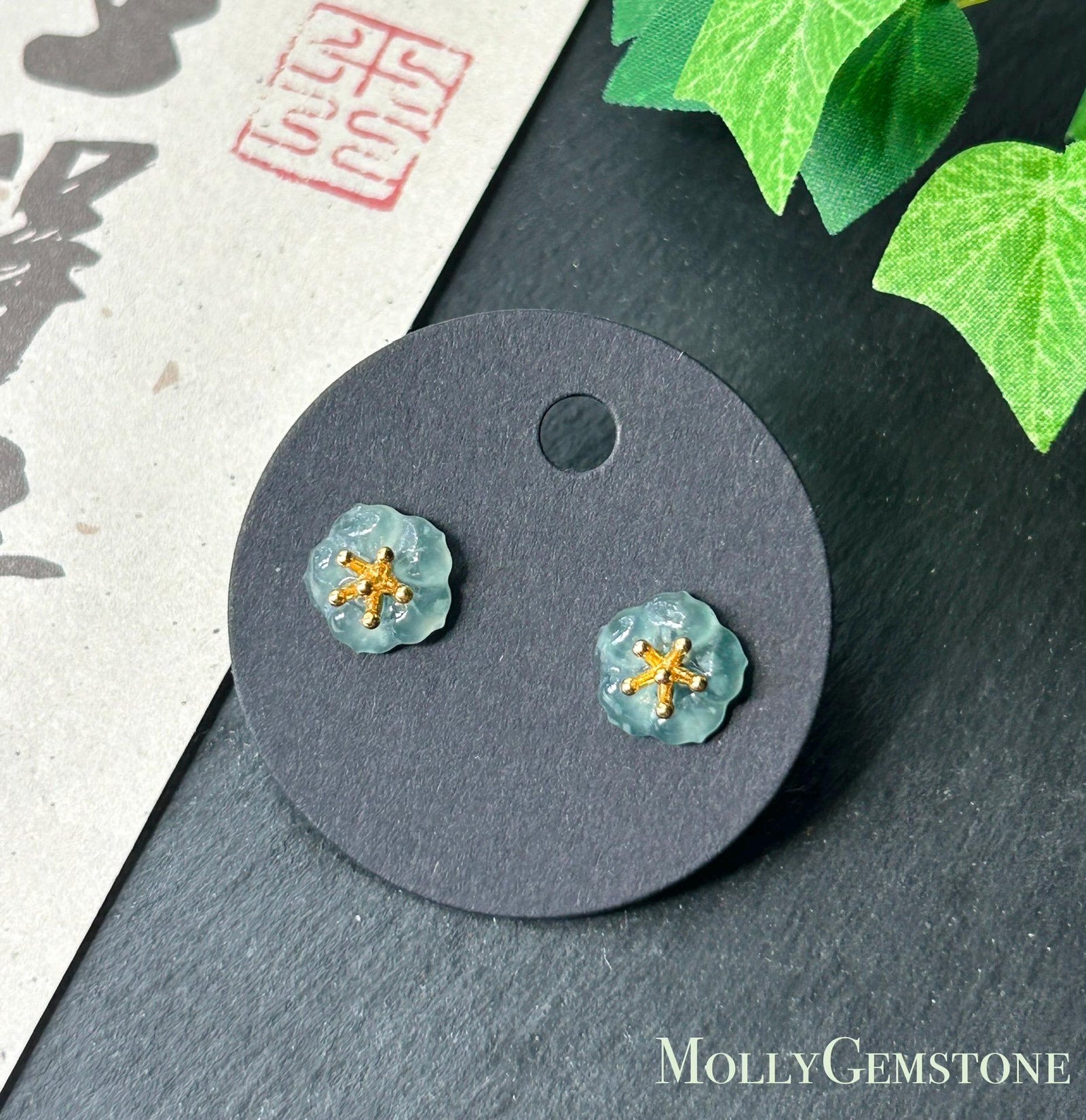 Natural Jadeite Flower Stud Earrings: Guatemalan Type A Untreated Highly Translucent Icy Blue Jade, Sterling Silver
