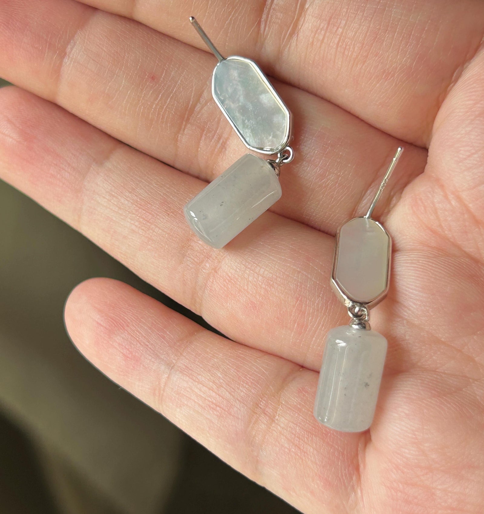Natural Jadeite Lulutong Drop Earrings: Burmese Type A Untreated Highly Translucent Icy White Jade, Sterling Silver