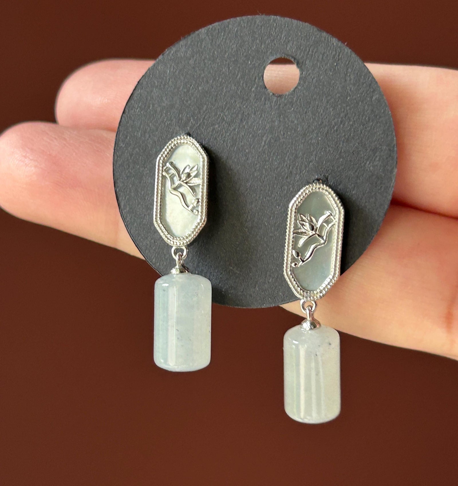 Natural Jadeite Lulutong Drop Earrings: Burmese Type A Untreated Highly Translucent Icy White Jade, Sterling Silver