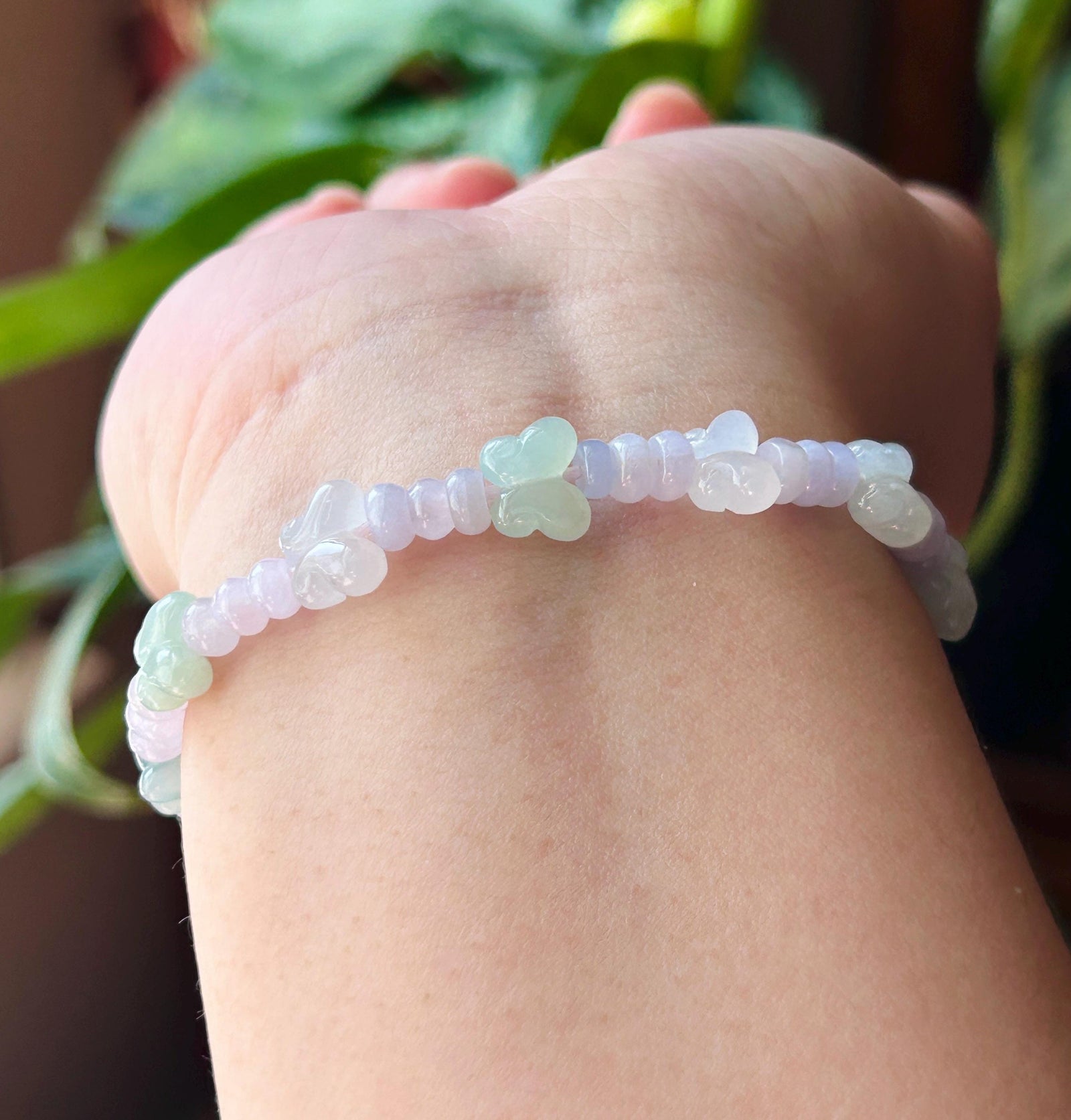 Natural Jadeite Beaded Bracelet Burmese Type A Icy Translucent Soft Pink Lavender Abacus Jade Beads & Pale Green Butterfly Charms 5-8mm