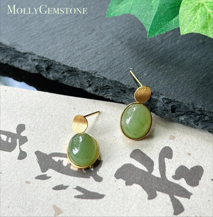Natural Jade Cabochon Drop Earrings: Untreated Icy Glutinous Apple Green Nephrite Jade, 18k Gold Vermeil Sterling Silver