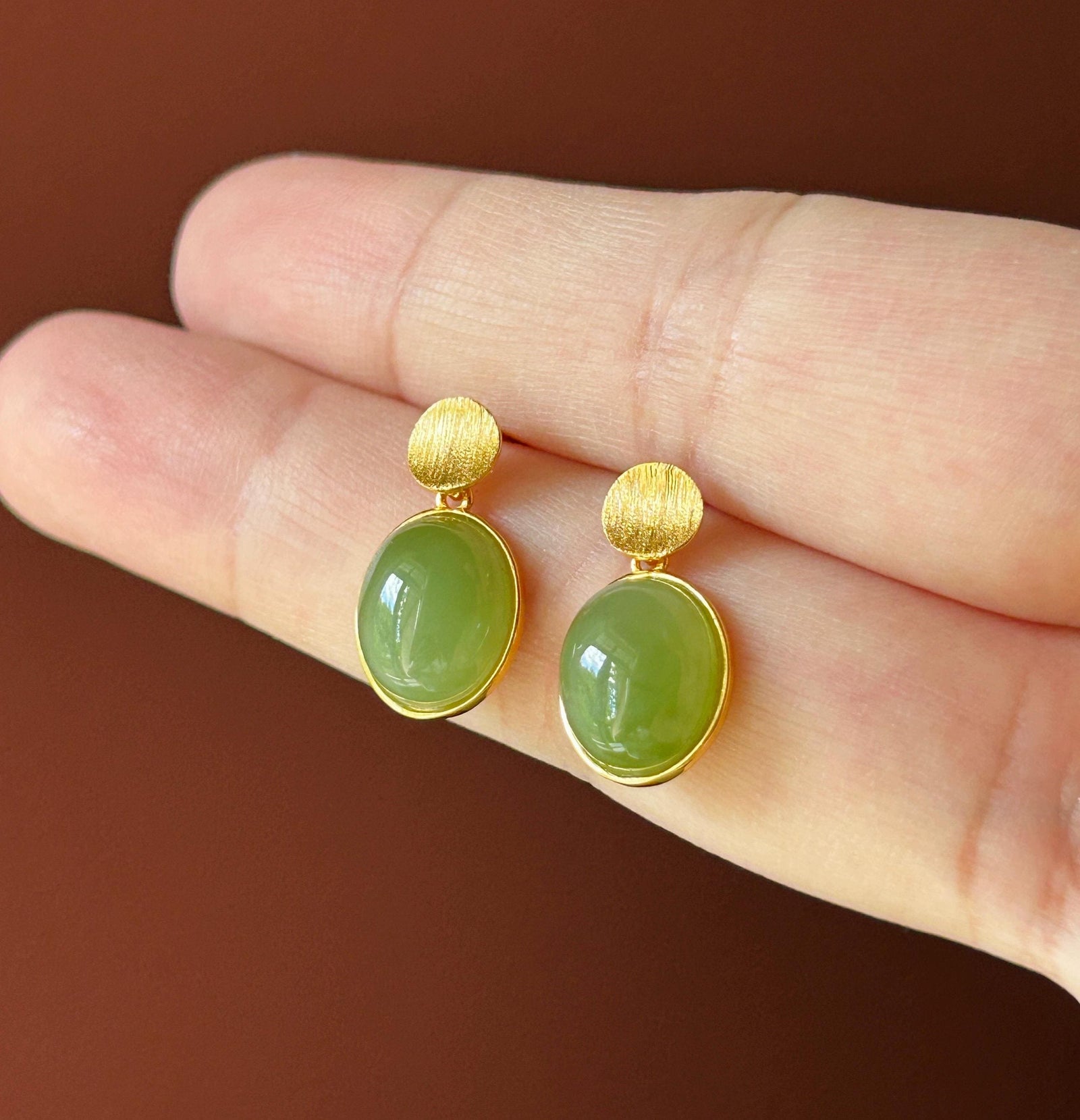 Natural Jade Cabochon Drop Earrings: Untreated Icy Glutinous Apple Green Nephrite Jade, 18k Gold Vermeil Sterling Silver