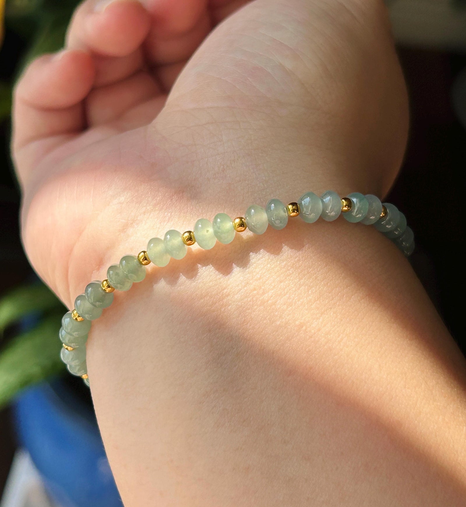 Natural Jadeite Beaded Bracelet | Guatemalan Type A Highly Translucent Ocean Blue Jade 5.3mm | 18k Gold Vermeil