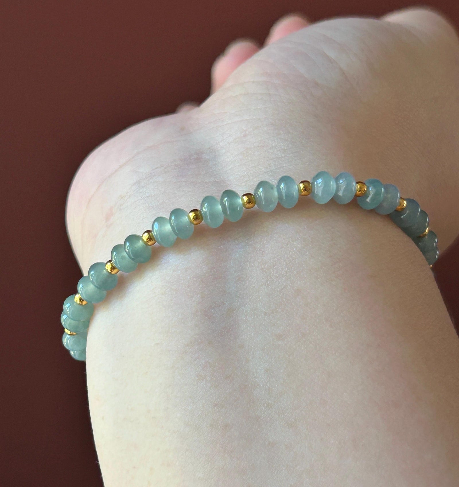 Natural Jadeite Beaded Bracelet | Guatemalan Type A Highly Translucent Ocean Blue Jade 5.3mm | 18k Gold Vermeil