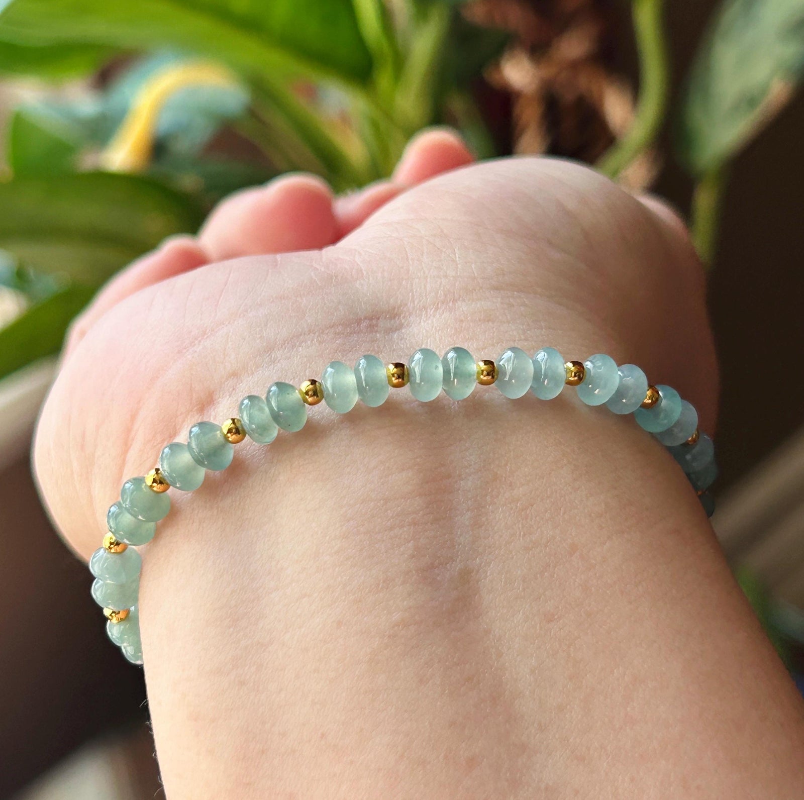 Natural Jadeite Beaded Bracelet | Guatemalan Type A Highly Translucent Ocean Blue Jade 5.3mm | 18k Gold Vermeil