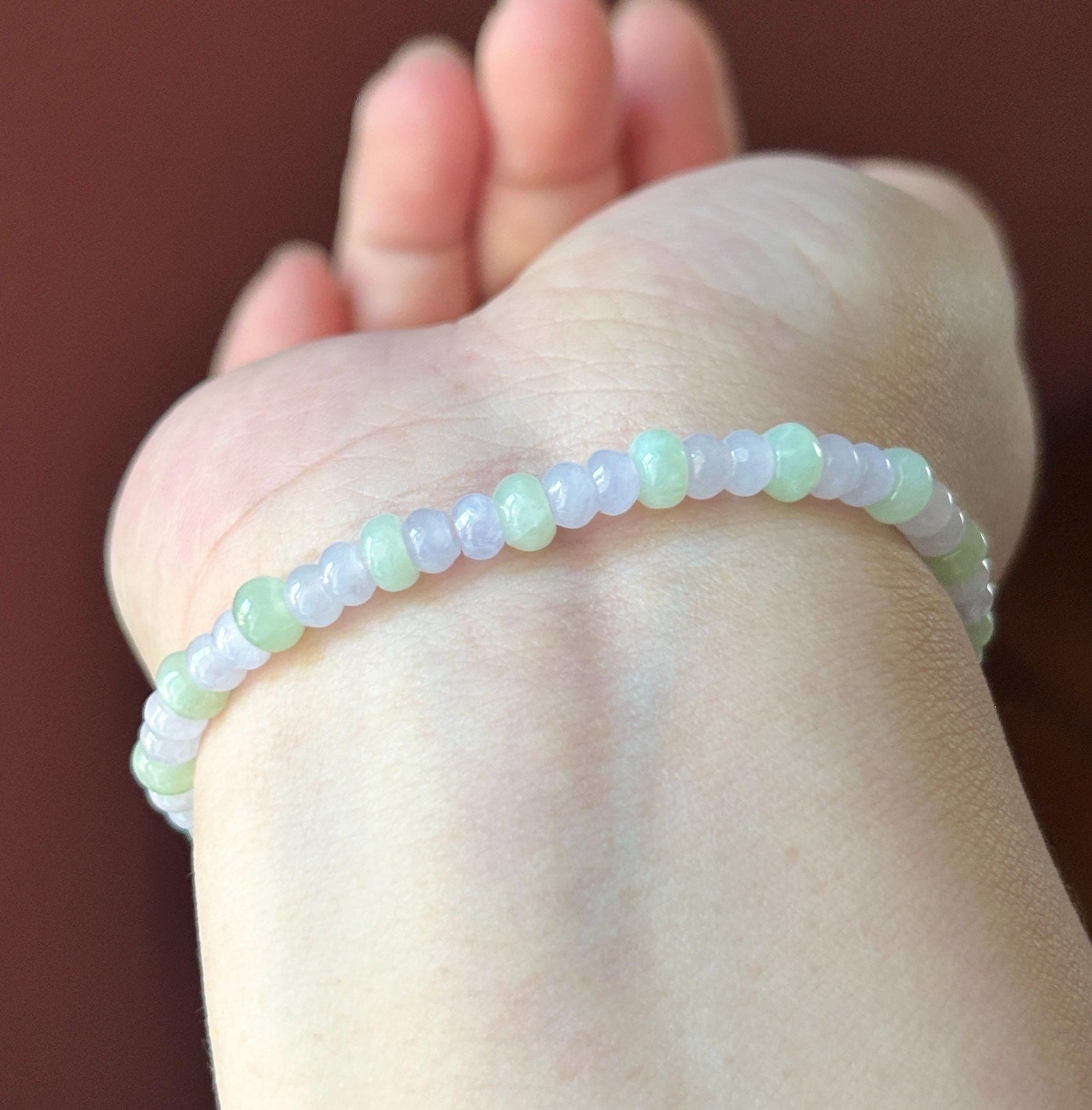 Natural Jadeite Beaded Bracelet Burmese Type A Icy Translucent Soft Pink Lavender & Pale Apple Green Abacus Jade Beads 5mm