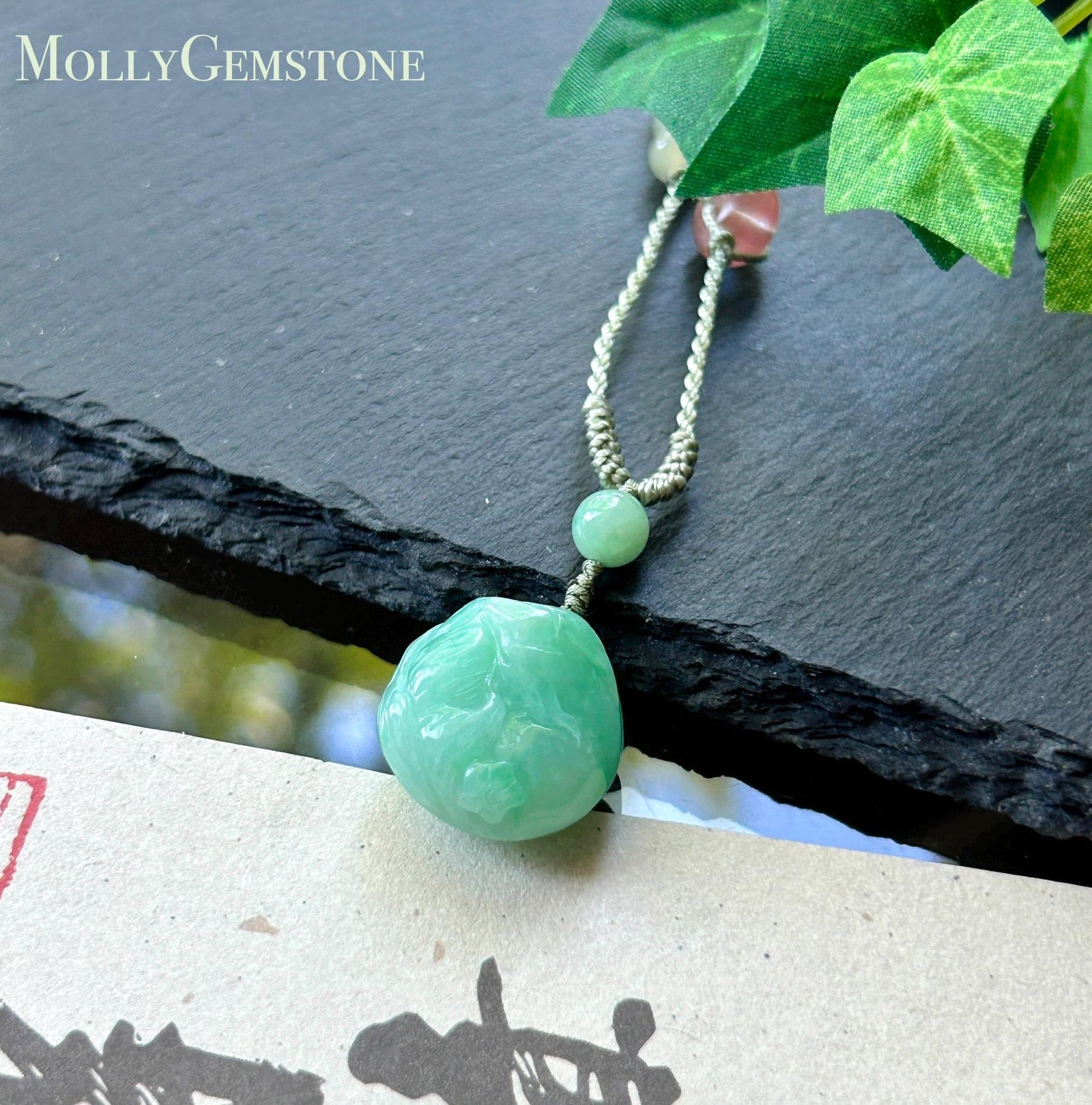 Certified Natural Jadeite Nine-Tail-Fox Pendant - Burmese Type A Icy Apple Green Jade, Hand-Carved Curled Sleeping Fox, Adjustable Cord