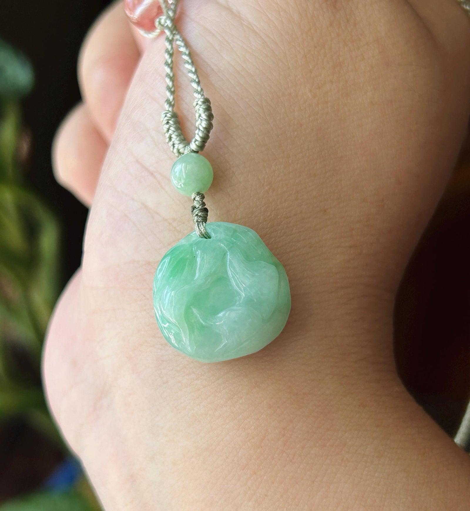 Certified Natural Jadeite Nine-Tail-Fox Pendant - Burmese Type A Icy Apple Green Jade, Hand-Carved Curled Sleeping Fox, Adjustable Cord