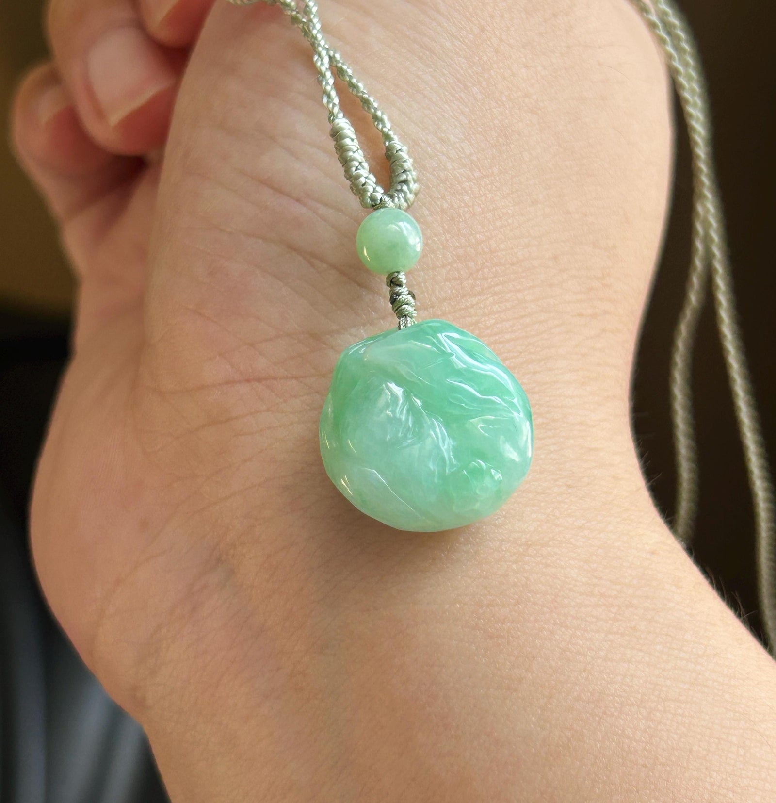 Certified Natural Jadeite Nine-Tail-Fox Pendant - Burmese Type A Icy Apple Green Jade, Hand-Carved Curled Sleeping Fox, Adjustable Cord