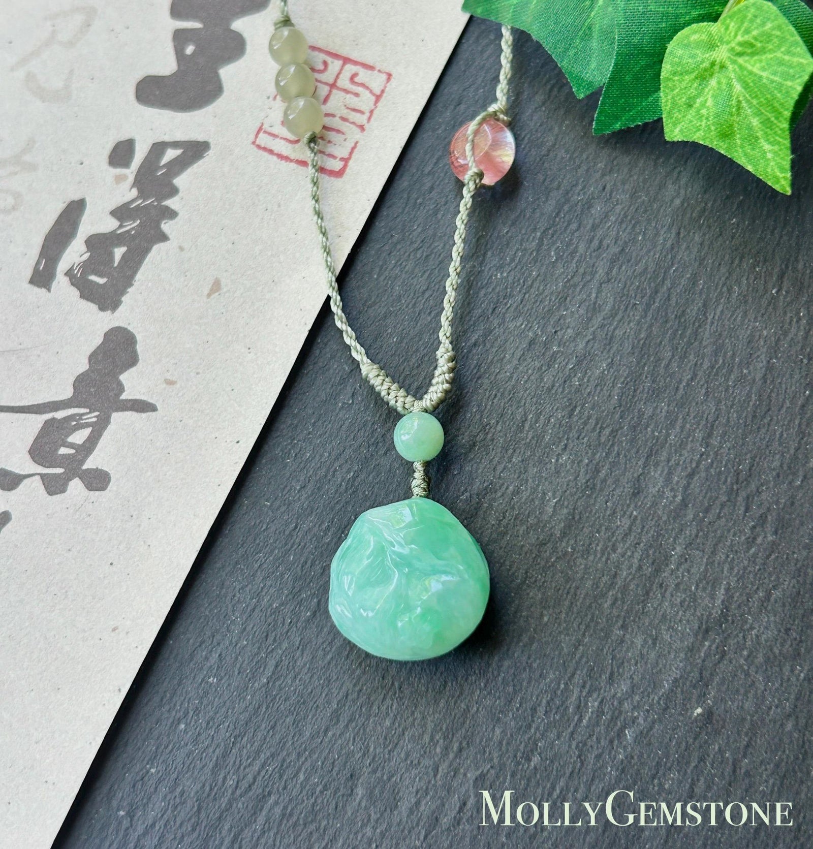 Certified Natural Jadeite Nine-Tail-Fox Pendant - Burmese Type A Icy Apple Green Jade, Hand-Carved Curled Sleeping Fox, Adjustable Cord