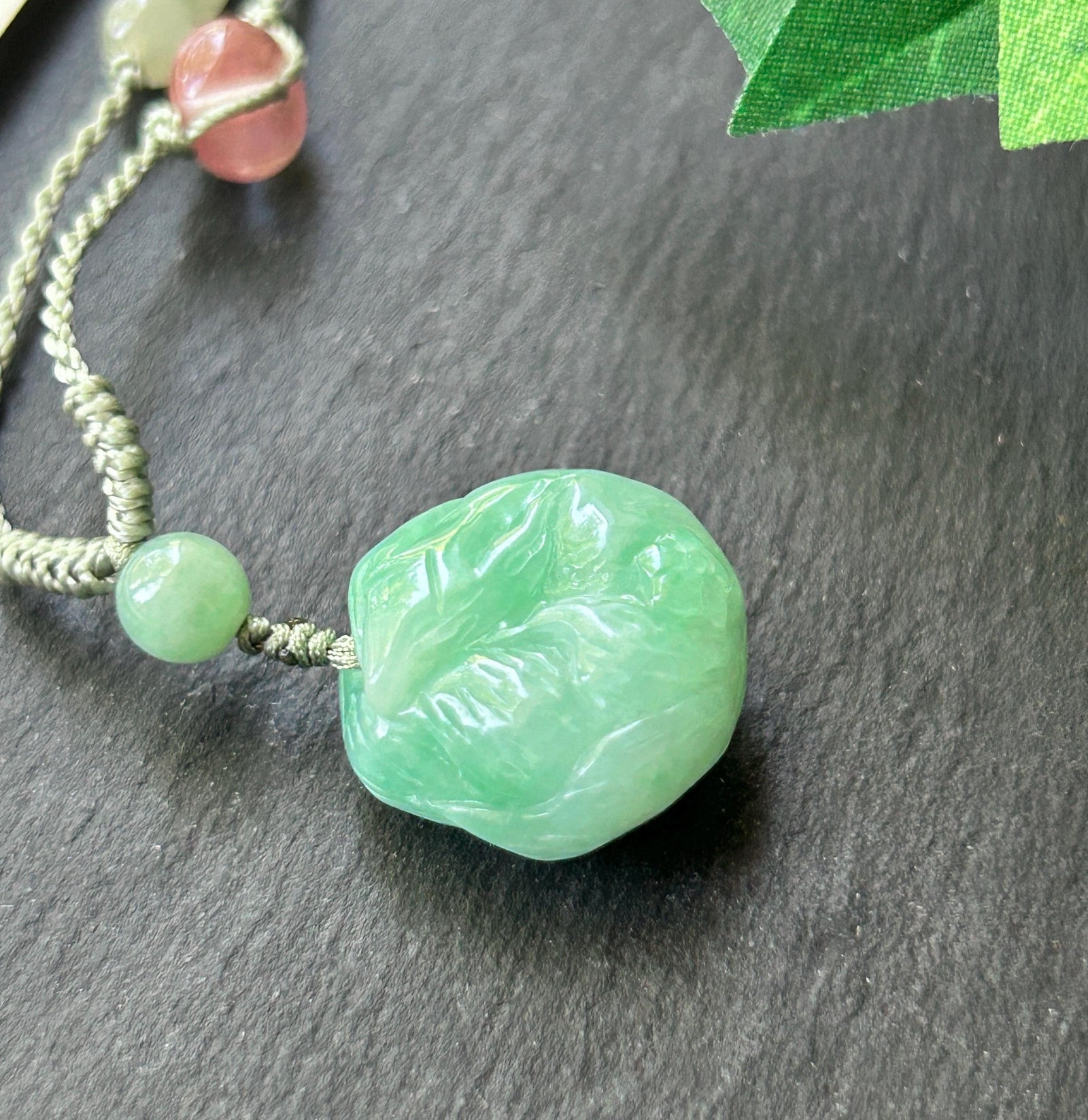 Certified Natural Jadeite Nine-Tail-Fox Pendant - Burmese Type A Icy Apple Green Jade, Hand-Carved Curled Sleeping Fox, Adjustable Cord