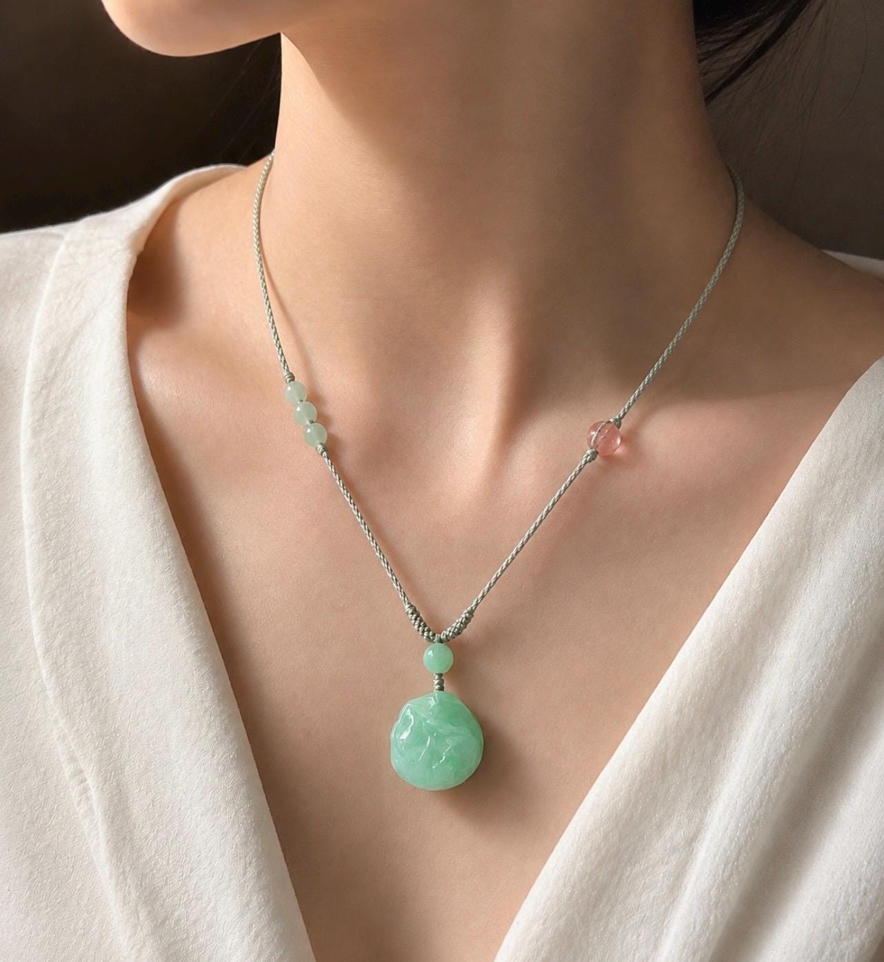 Certified Natural Jadeite Nine-Tail-Fox Pendant - Burmese Type A Icy Apple Green Jade, Hand-Carved Curled Sleeping Fox, Adjustable Cord