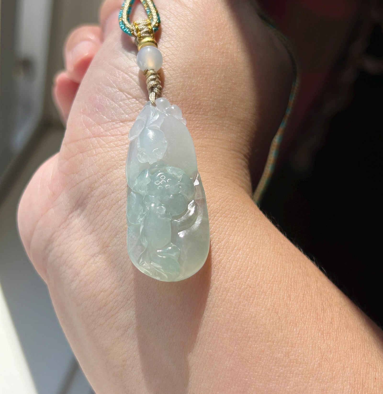 Natural Jadeite Fish & Lotus Pendant - Burmese Type A Highly Translucent Icy Pale Green Jade, Adjustable Cord