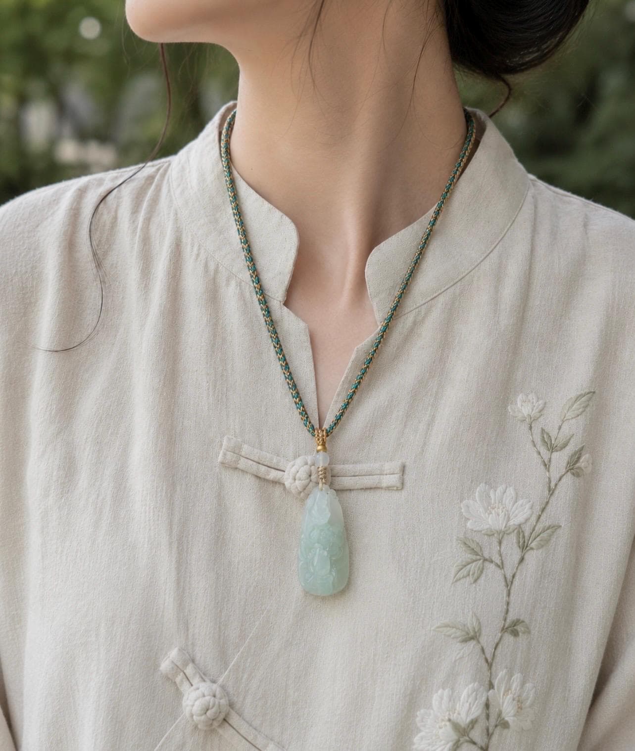 Natural Jadeite Fish & Lotus Pendant - Burmese Type A Highly Translucent Icy Pale Green Jade, Adjustable Cord