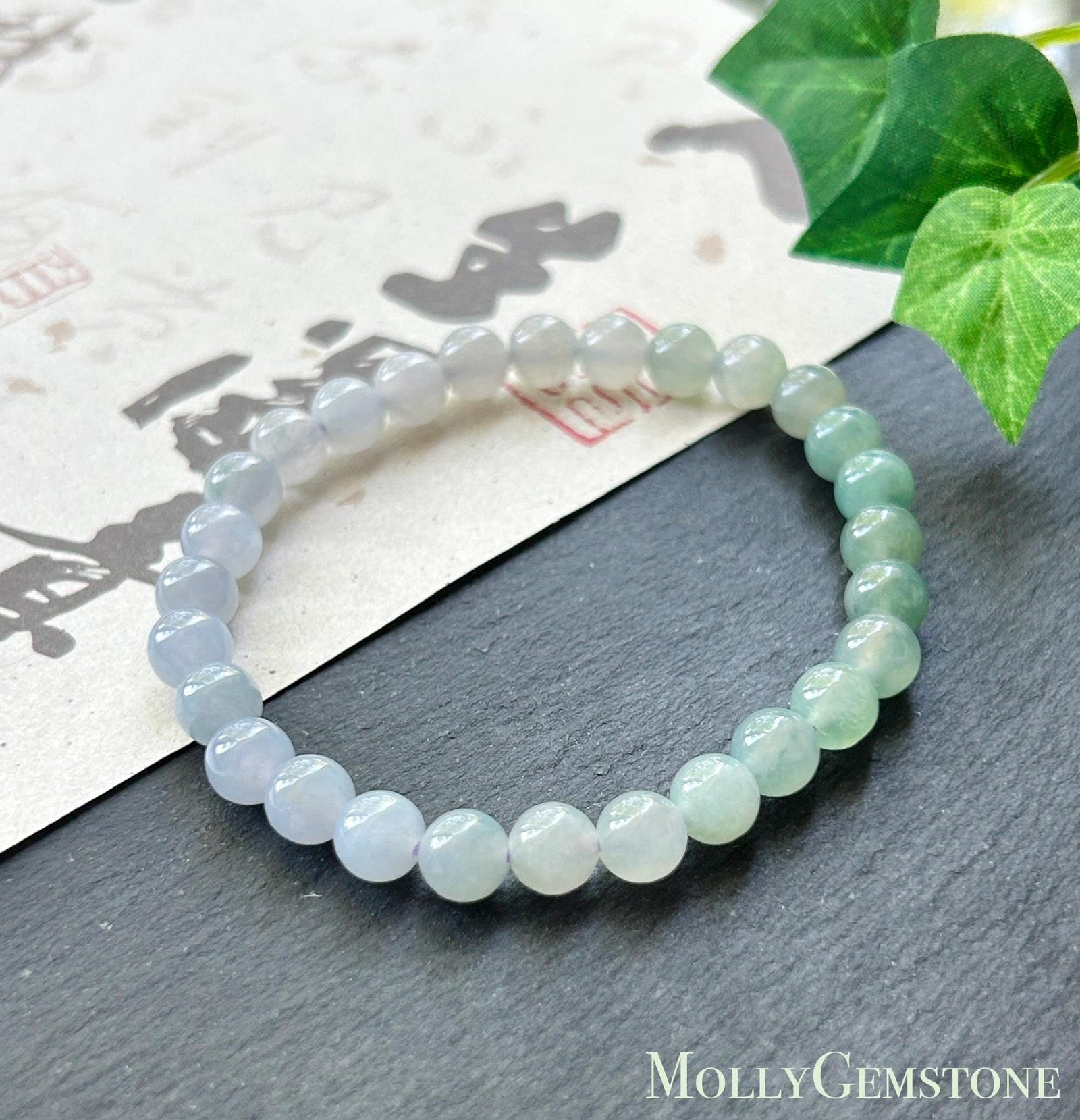 Natural Jadeite Beaded Bracelet, Burmese Type A Untreated Translucent Icy Pale Lavender & Bluish Green Gradient Multicolor Jade, 6.5mm