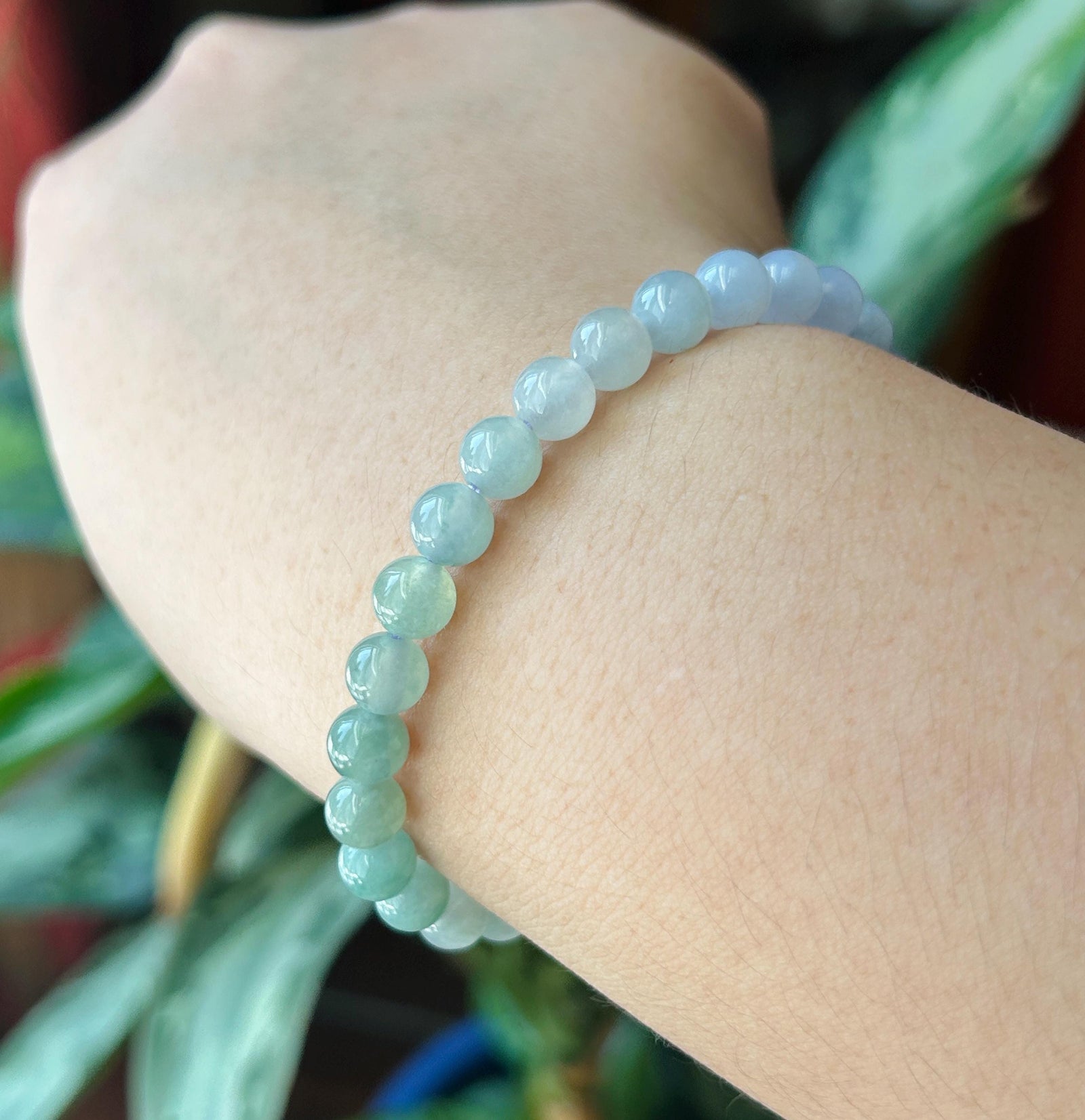 Natural Jadeite Beaded Bracelet, Burmese Type A Untreated Translucent Icy Pale Lavender & Bluish Green Gradient Multicolor Jade, 6.5mm