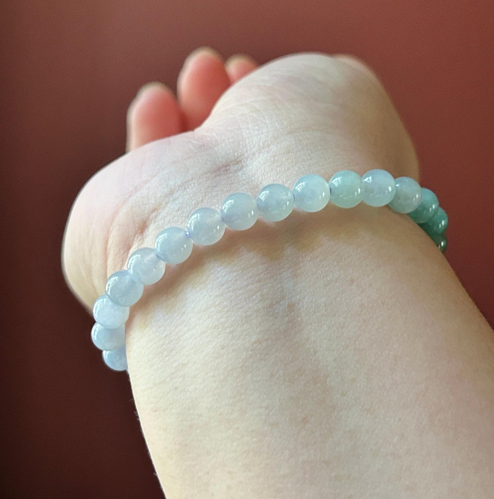 Natural Jadeite Beaded Bracelet, Burmese Type A Untreated Translucent Icy Pale Lavender & Bluish Green Gradient Multicolor Jade, 6.5mm