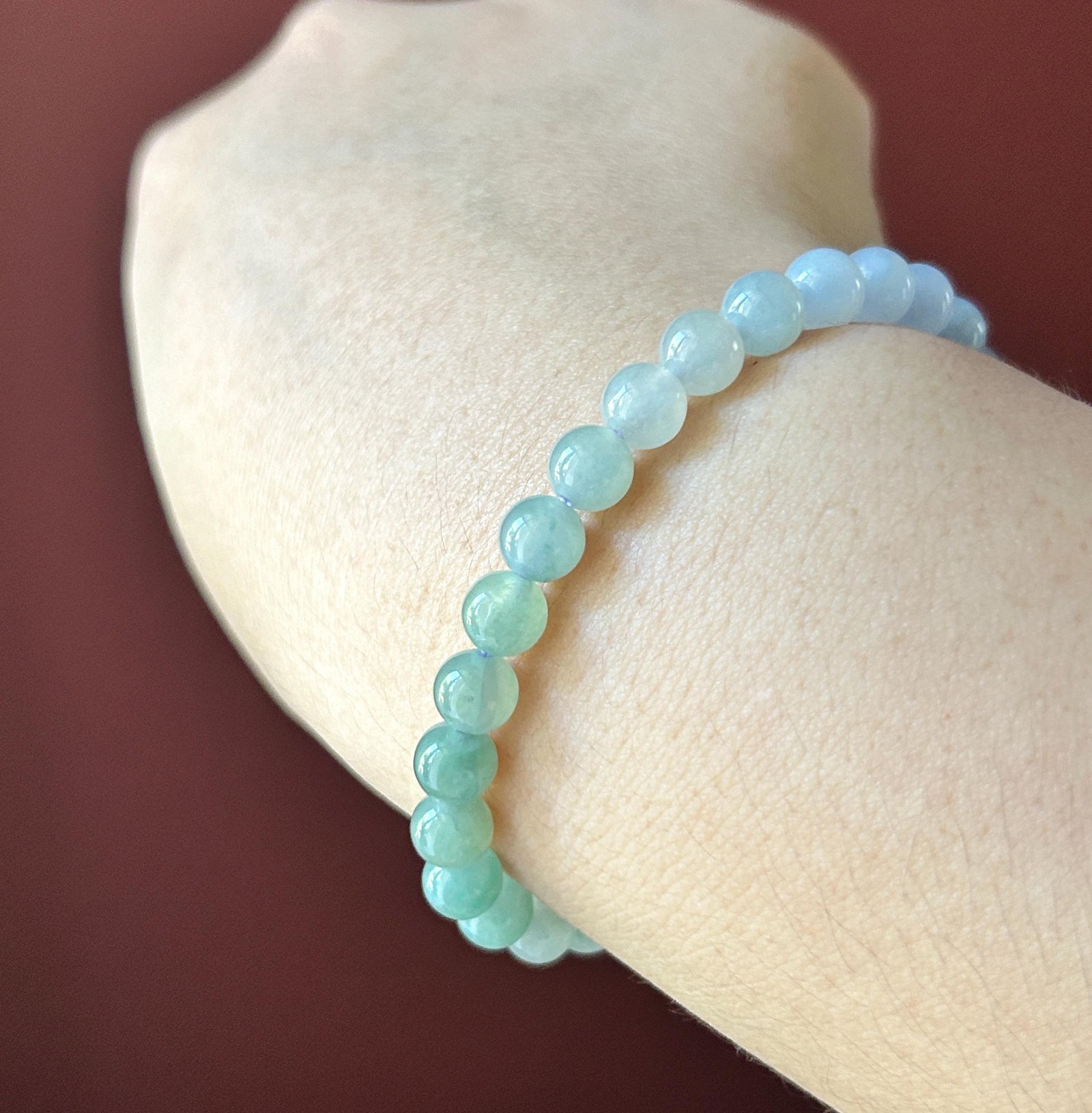 Natural Jadeite Beaded Bracelet, Burmese Type A Untreated Translucent Icy Pale Lavender & Bluish Green Gradient Multicolor Jade, 6.5mm