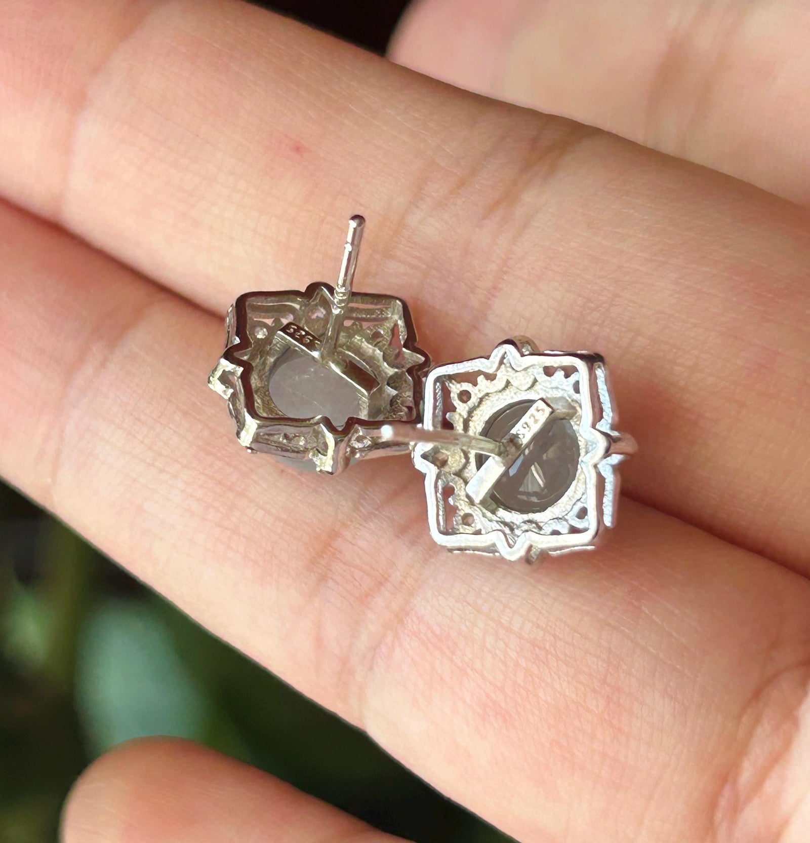 Natural Jadeite Cabochon Stud Earrings: Burmese Type A Untreated Translucent Icy Blue Gray Jade, Sterling Silver