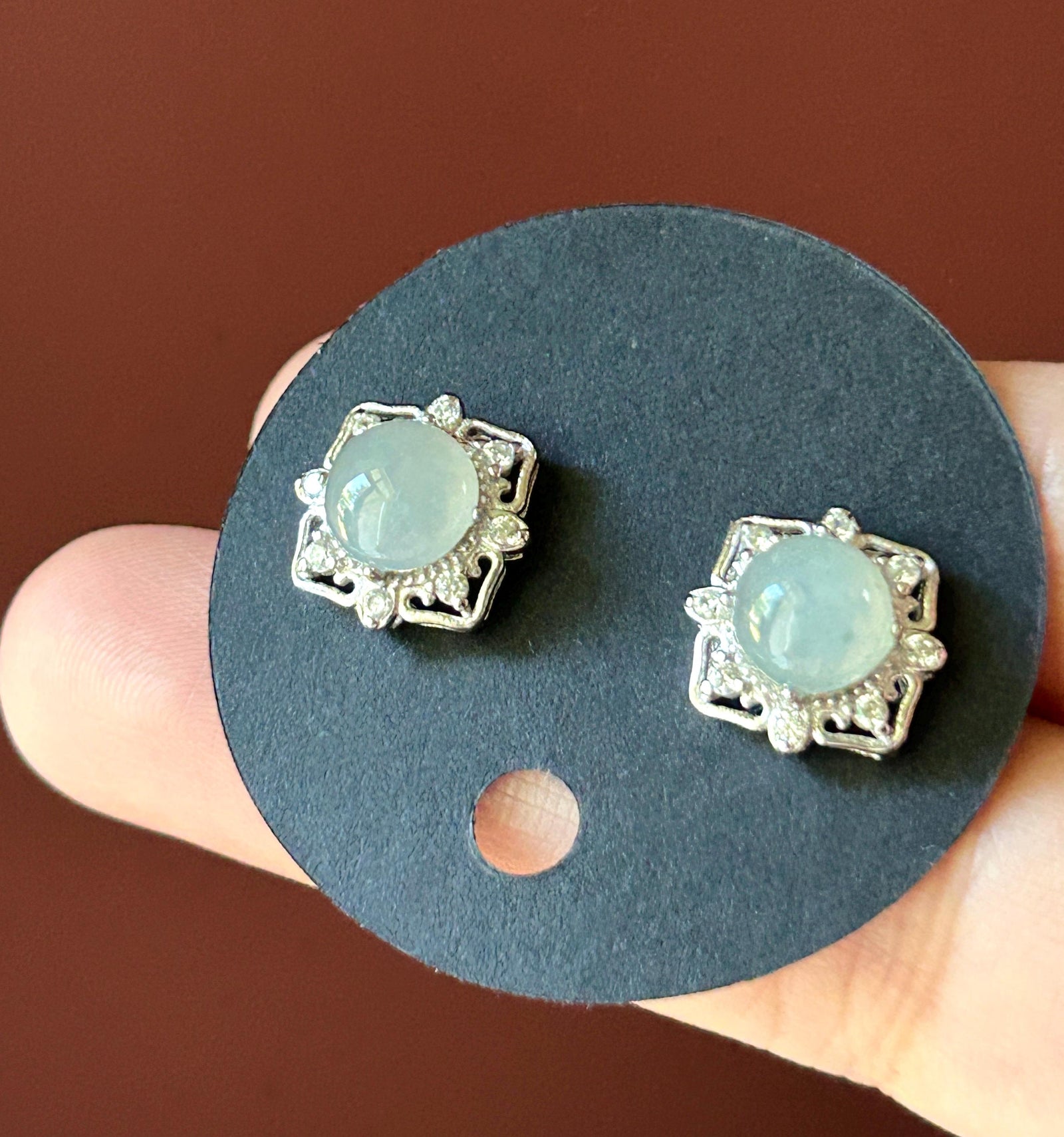 Natural Jadeite Cabochon Stud Earrings: Burmese Type A Untreated Translucent Icy Blue Gray Jade, Sterling Silver