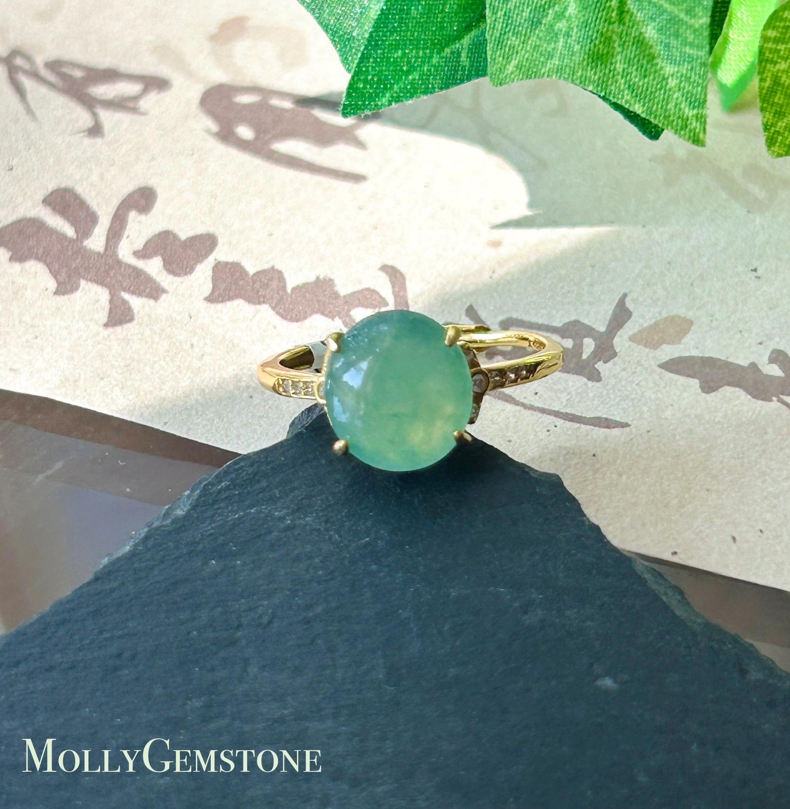 Certified Natural Jadeite Ring Burmese Type A Large Highly Translucent Icy Bright Apple Green Jade 10 x 8.5mm | 18k Gold Vermeil