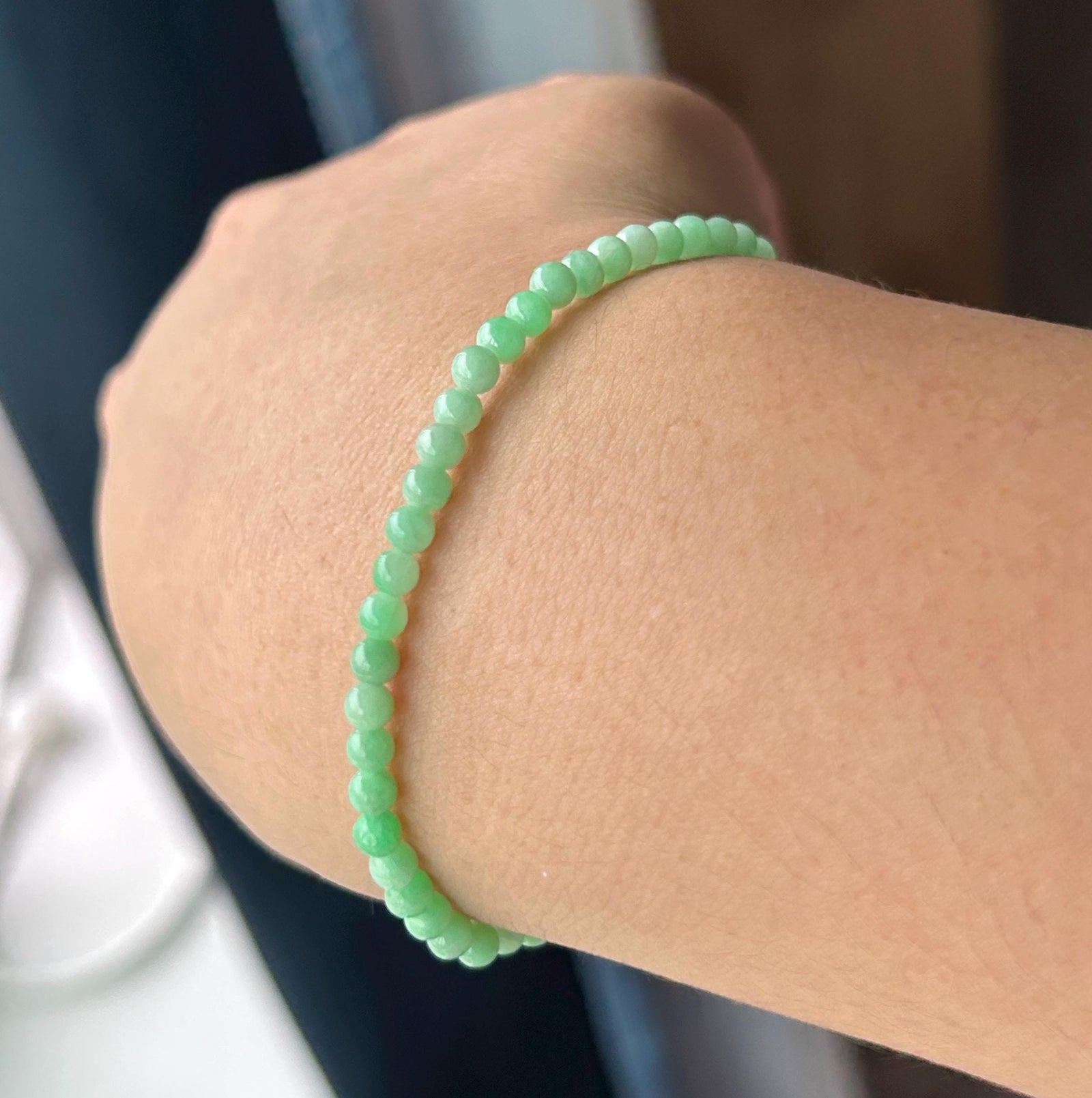 Natural Jadeite Beaded Bracelet – Burmese Type A Fine Glutinous Fresh Apple Green Jade, 3.5mm, Minimalist Jewelry