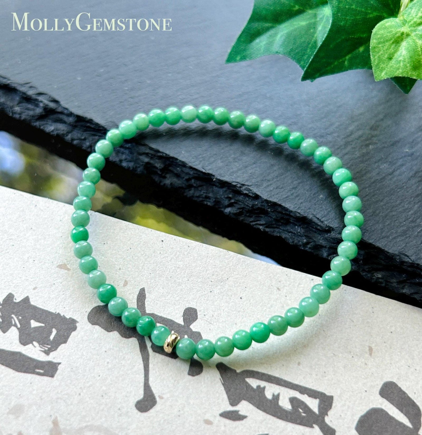 Natural Jadeite Beaded Bracelet – Burmese Type A Fine Glutinous Vivid Icy Apple Green Jade, 3.8mm, Minimalist Jewelry