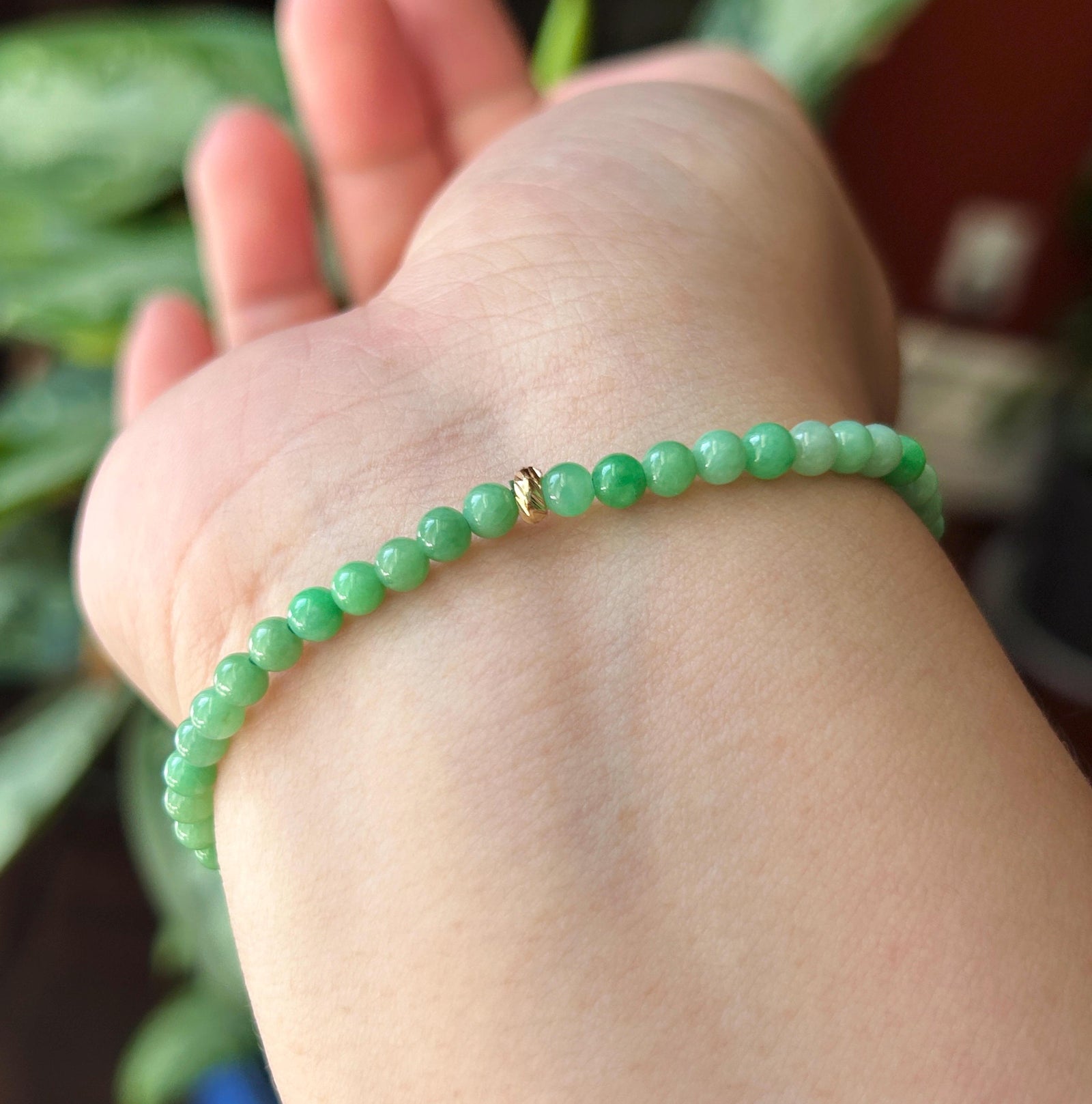 Natural Jadeite Beaded Bracelet – Burmese Type A Fine Glutinous Vivid Icy Apple Green Jade, 3.8mm, Minimalist Jewelry