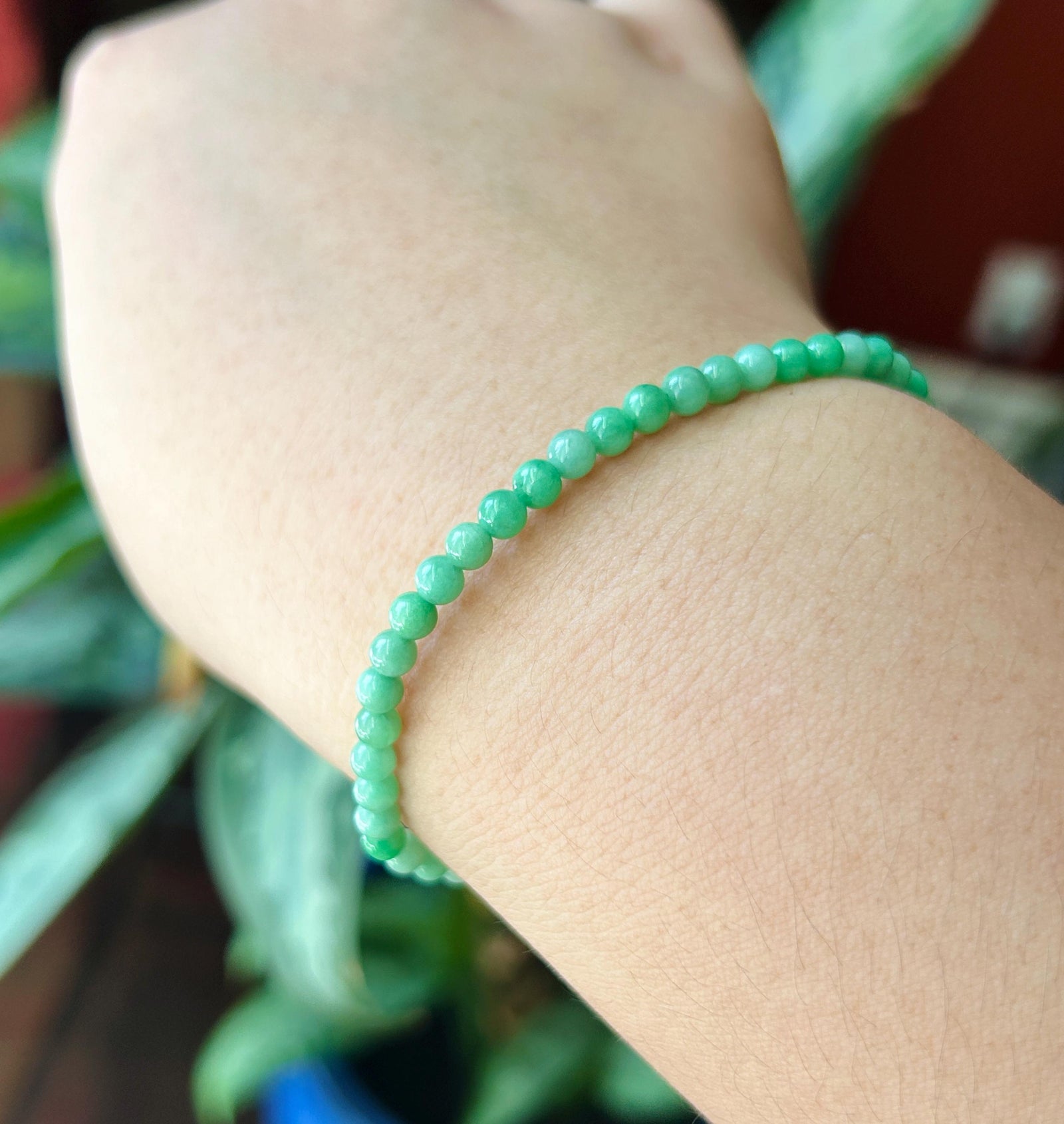 Natural Jadeite Beaded Bracelet – Burmese Type A Fine Glutinous Vivid Icy Apple Green Jade, 3.8mm, Minimalist Jewelry