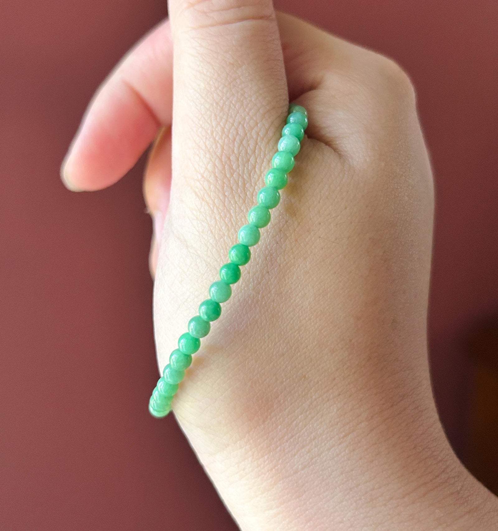 Natural Jadeite Beaded Bracelet – Burmese Type A Fine Glutinous Vivid Icy Apple Green Jade, 3.8mm, Minimalist Jewelry