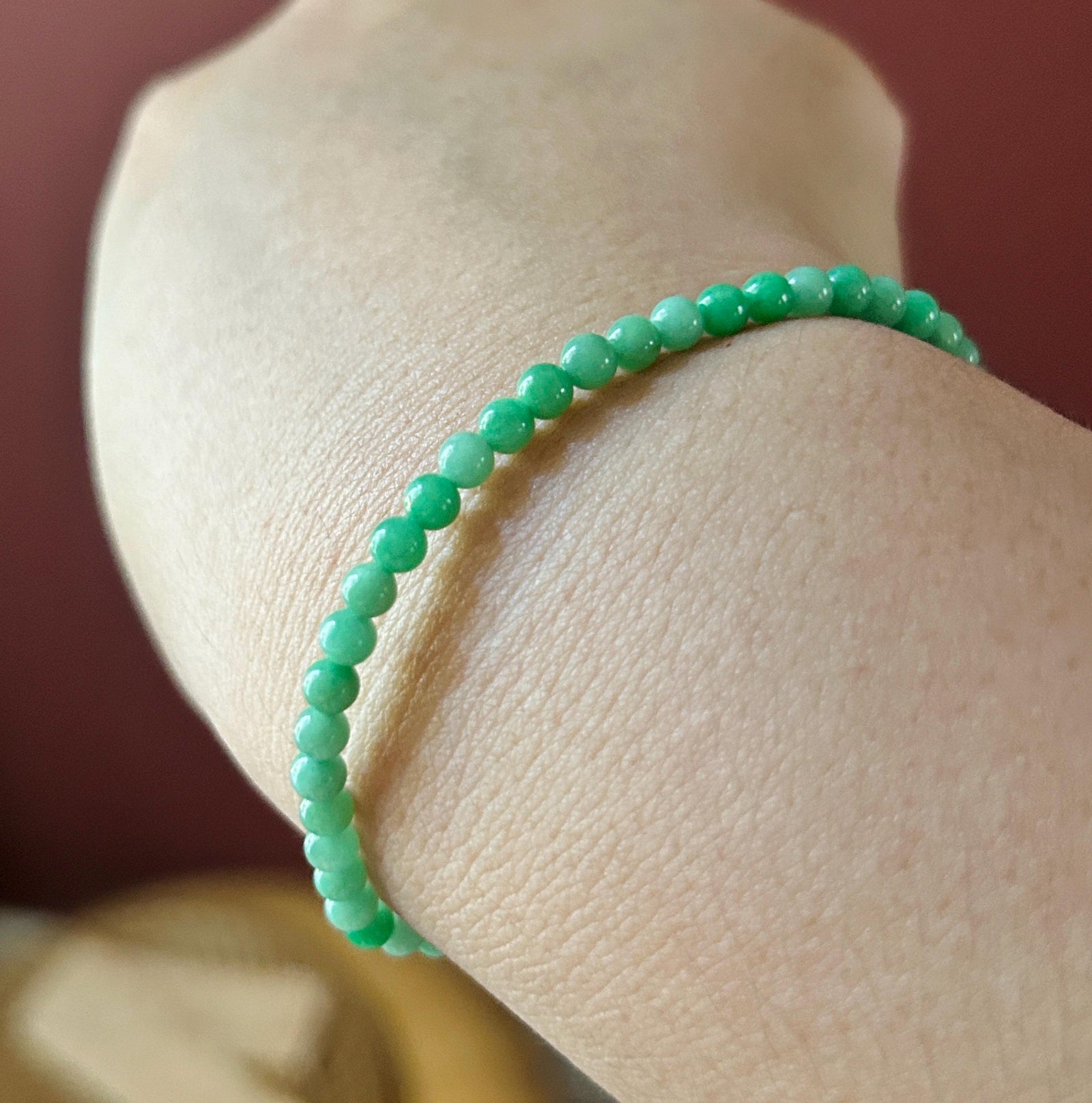 Natural Jadeite Beaded Bracelet – Burmese Type A Fine Glutinous Vivid Icy Apple Green Jade, 3.8mm, Minimalist Jewelry