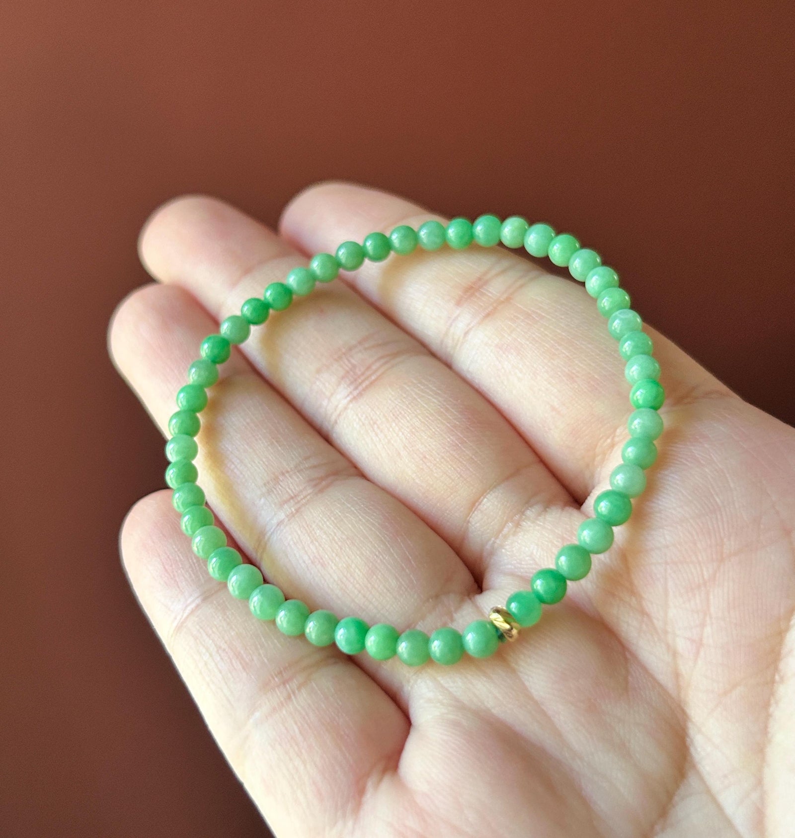 Natural Jadeite Beaded Bracelet – Burmese Type A Fine Glutinous Vivid Icy Apple Green Jade, 3.8mm, Minimalist Jewelry