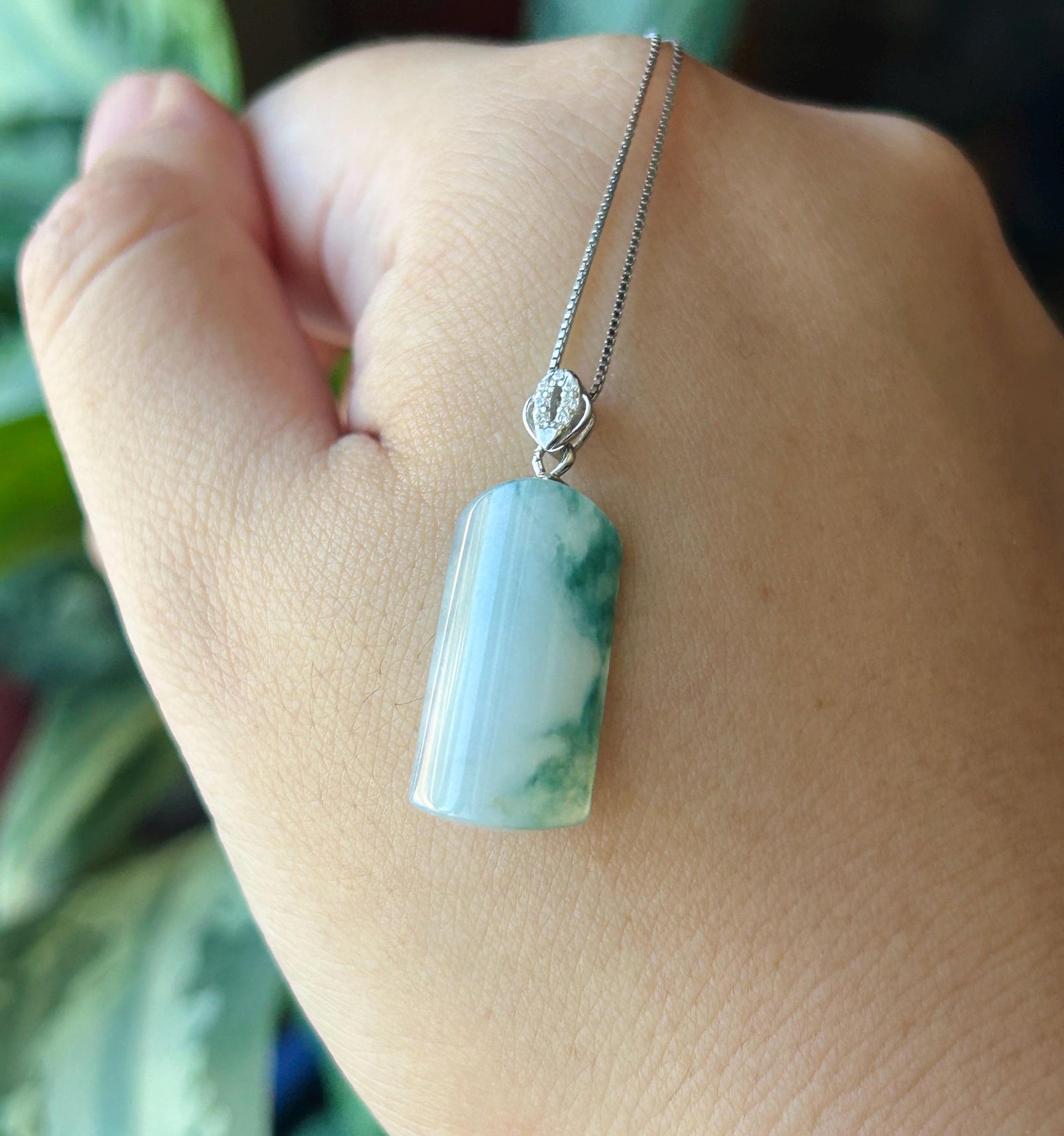 Certified Natural Jadeite Peace Plaque Pendant| Sterling Silver Bail| Burmese Type A Highly Translucent Icy Blue Floral Jade