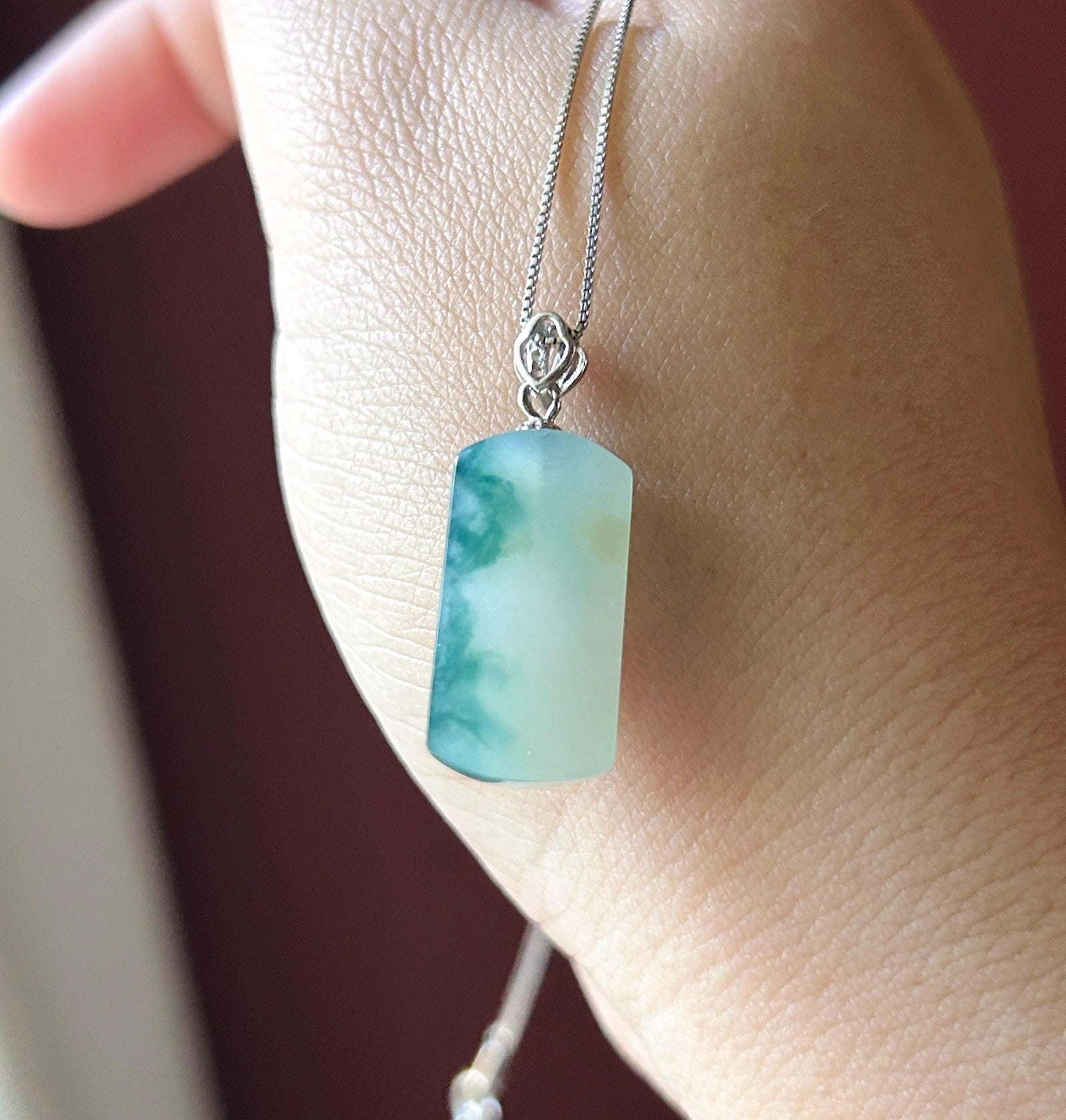 Certified Natural Jadeite Peace Plaque Pendant| Sterling Silver Bail| Burmese Type A Highly Translucent Icy Blue Floral Jade
