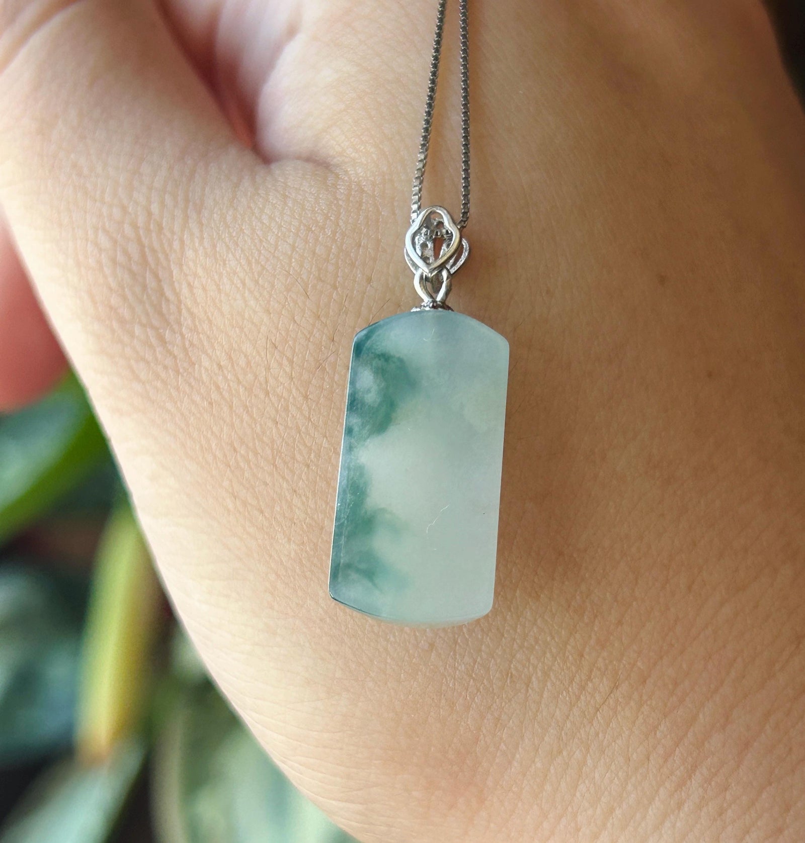 Certified Natural Jadeite Peace Plaque Pendant| Sterling Silver Bail| Burmese Type A Highly Translucent Icy Blue Floral Jade