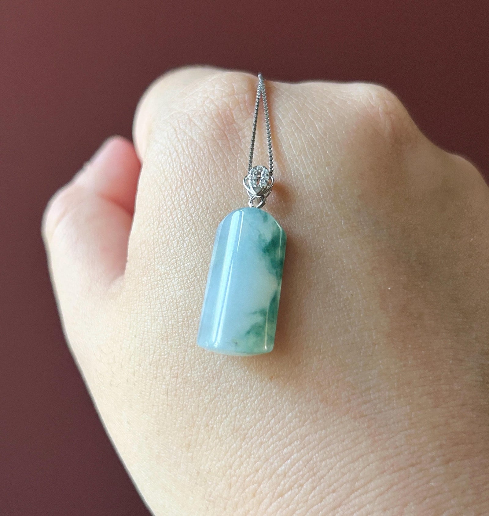 Certified Natural Jadeite Peace Plaque Pendant| Sterling Silver Bail| Burmese Type A Highly Translucent Icy Blue Floral Jade