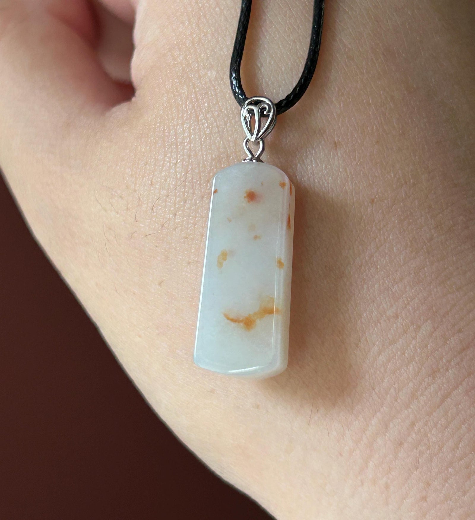 Certified Natural Jadeite Peace Plaque Pendant| Sterling Silver Bail| Burmese Type A Translucent Icy Milky White Base Red Floral Jade