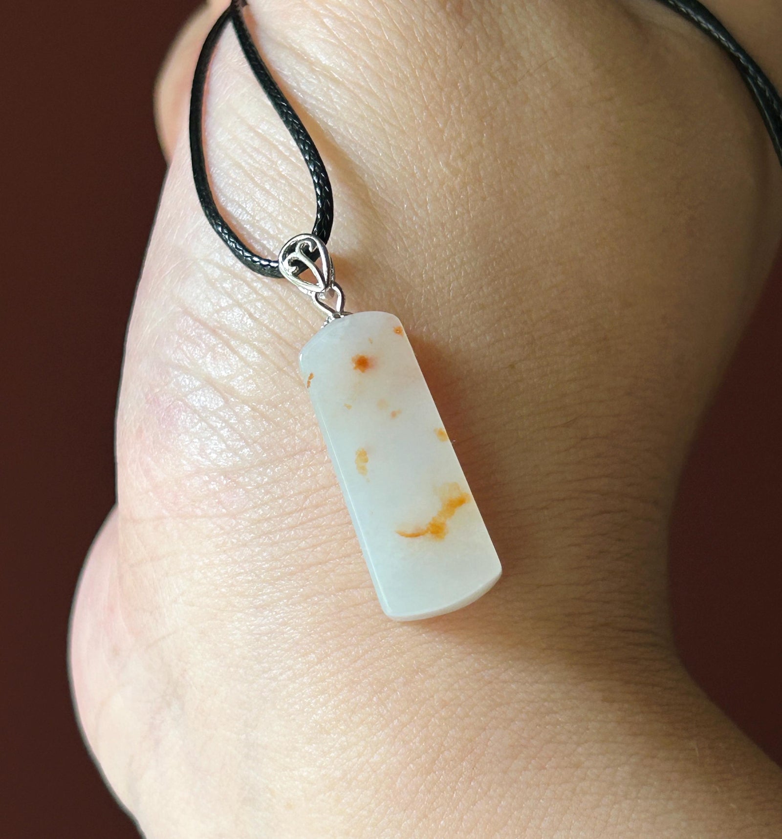 Certified Natural Jadeite Peace Plaque Pendant| Sterling Silver Bail| Burmese Type A Translucent Icy Milky White Base Red Floral Jade