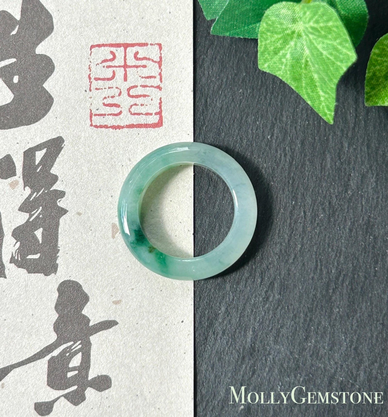 Certified Natural Jadeite Ring Band | Burmese Type A Highly Translucent Icy Glutinous Vivid Green Floral Color | US Size 7