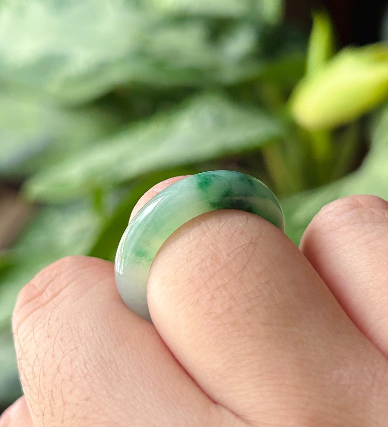 Certified Natural Jadeite Ring Band | Burmese Type A Highly Translucent Icy Glutinous Vivid Green Floral Color | US Size 7