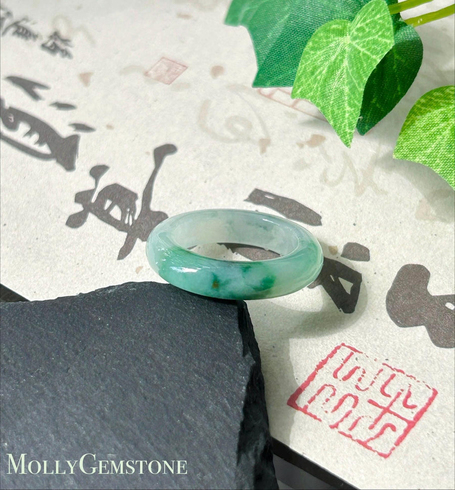 Certified Natural Jadeite Ring Band | Burmese Type A Highly Translucent Icy Glutinous Vivid Green Floral Color | US Size 7